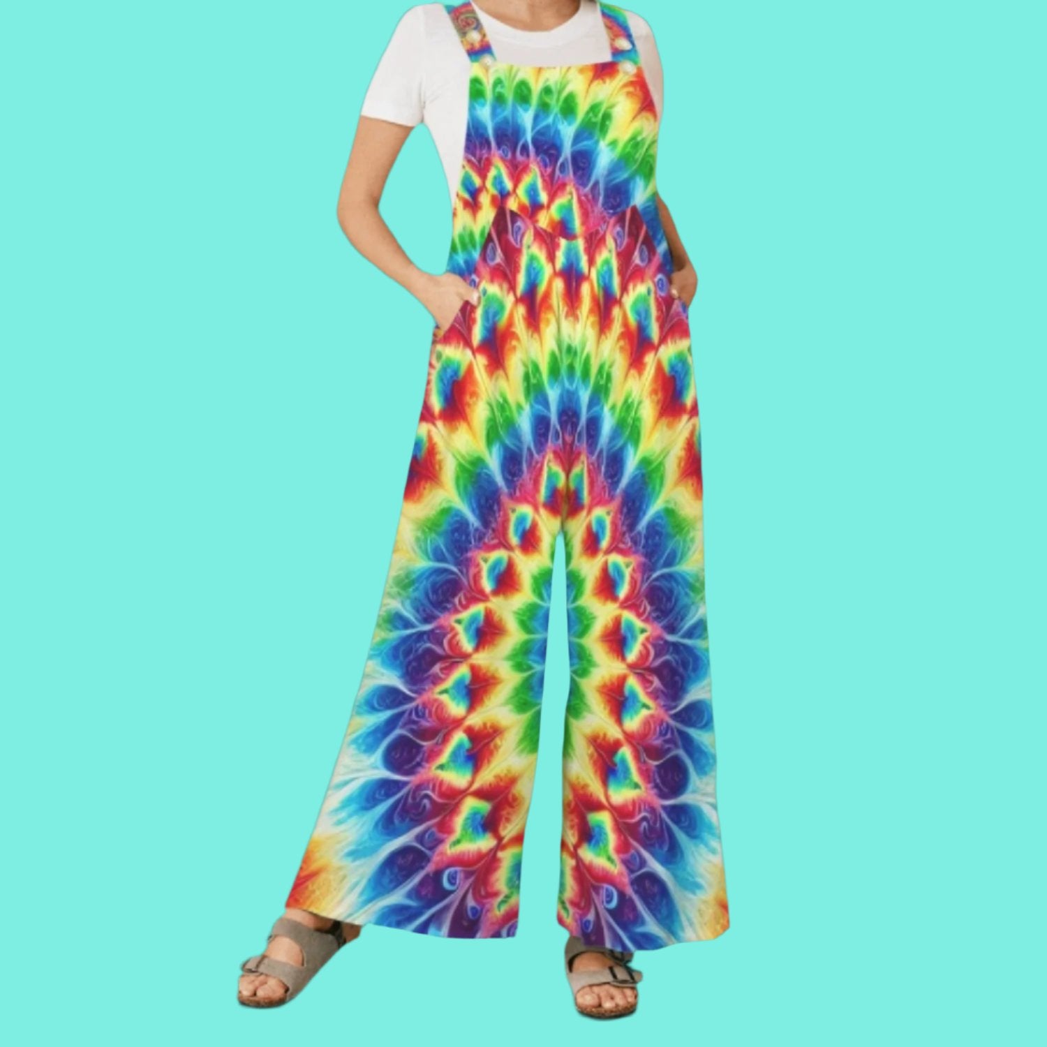 Tie Dye Velour Jumpsuit | OOAK One Piece Halter Velvet Bold Rainbow Womens Ladies Handmade Boho Funky Pants Teal Grateful Dead Medium Large newest