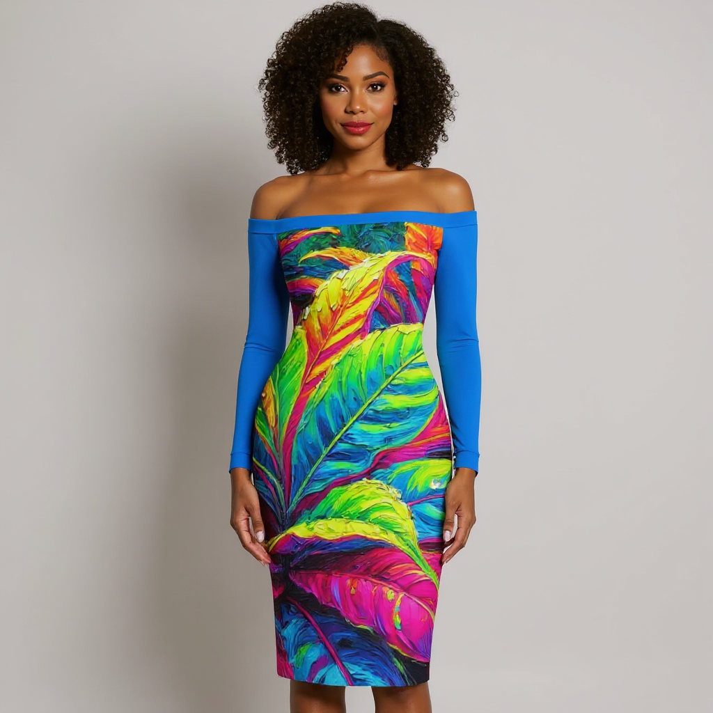 Eclipse Bodycon Off-Shoulder Dress | "Neon Croton Print"