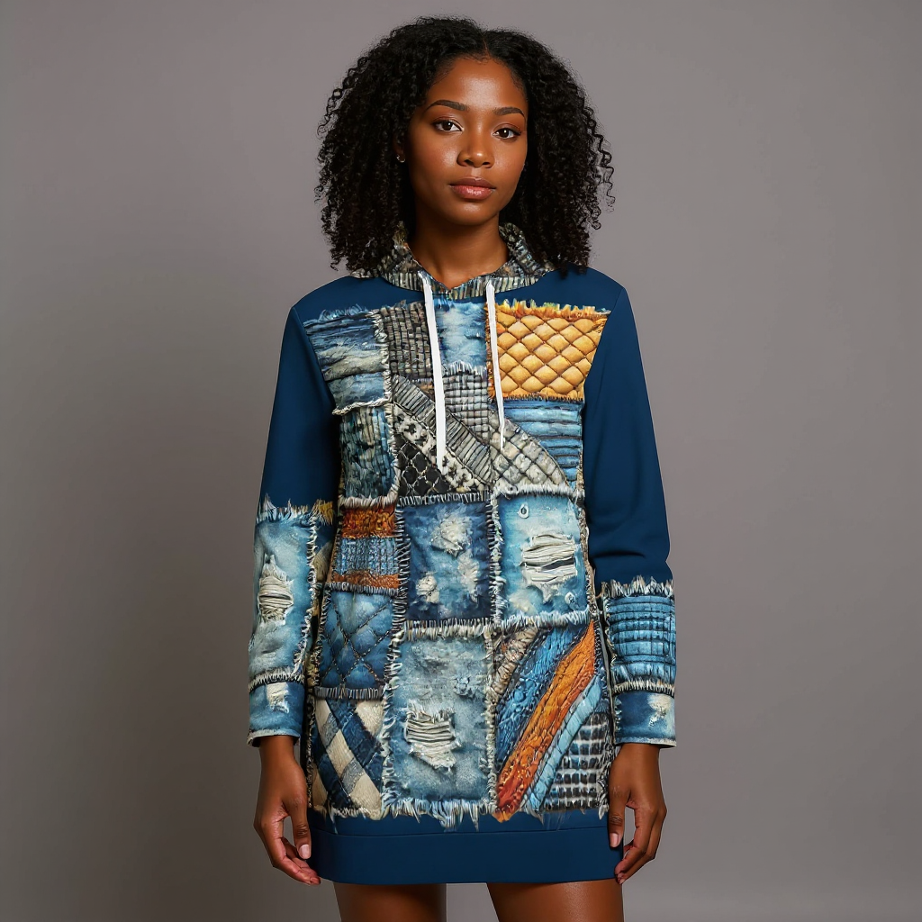 VelvetVibe™ Luxe Hoodie Dress | "Denim Patchwork Print"
