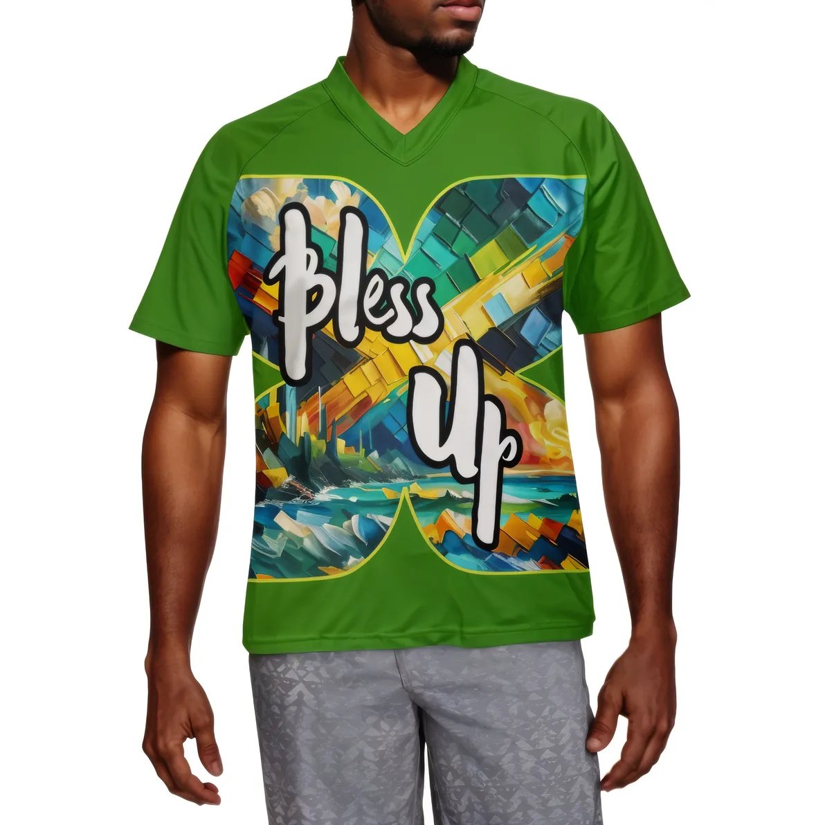 Men's V-Neck Polyester T-Shirt "Bless Up, Wah Gwaan"