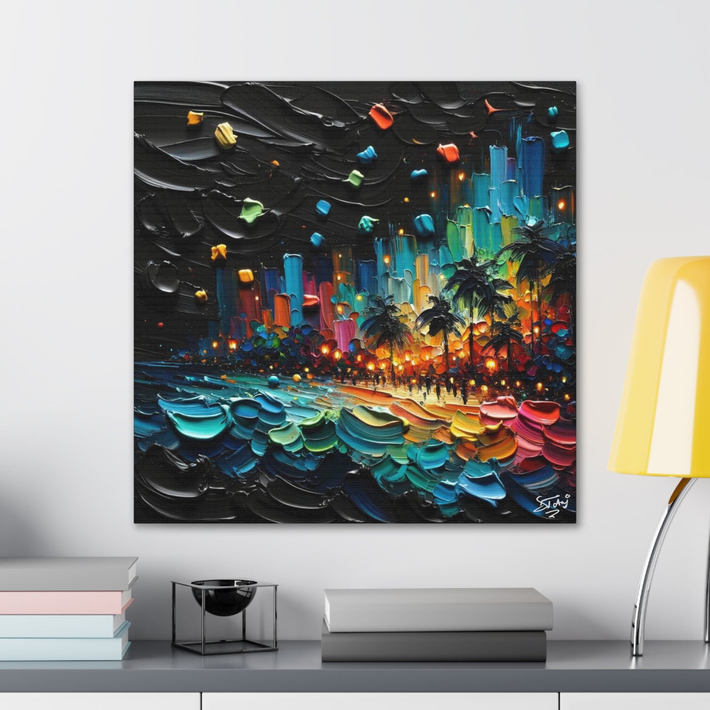 Art Print of Caribbean Beach at Night, Semi-Abstract, Oil Painting, West Indian Art, Canvas Gallery Wraps