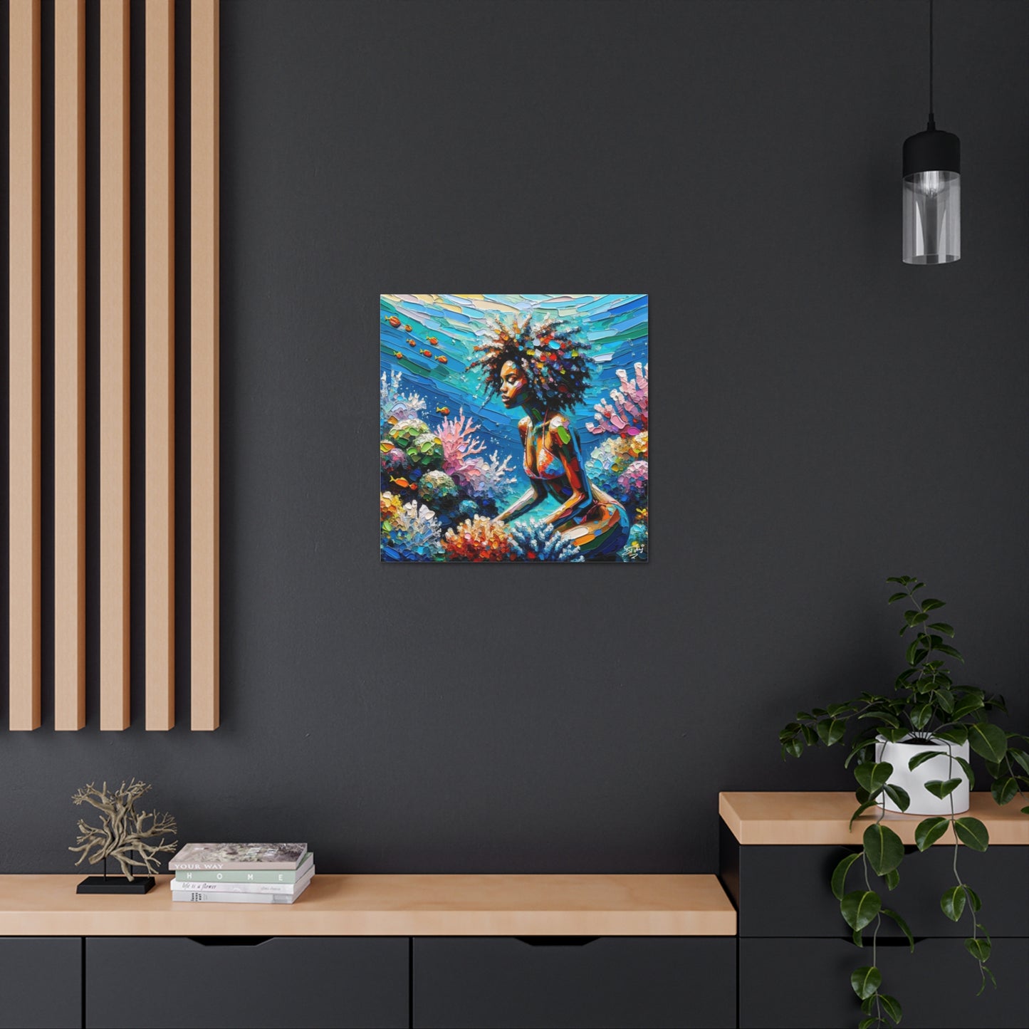 Art Print, Black Woman with Fishes in Coral Reef, Oil Finish, Caribbean Nature, Semi-Abstract, Canvas Gallery Wrap