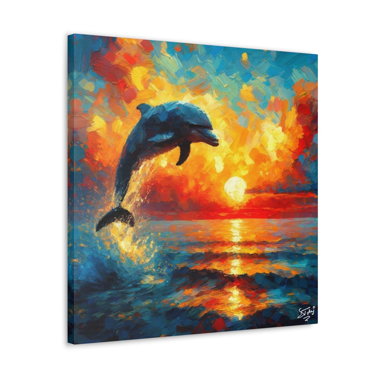 Art Print, Dolphin at Sunset, Oil Finish, Caribbean Nature, Canvas Gallery Wrap