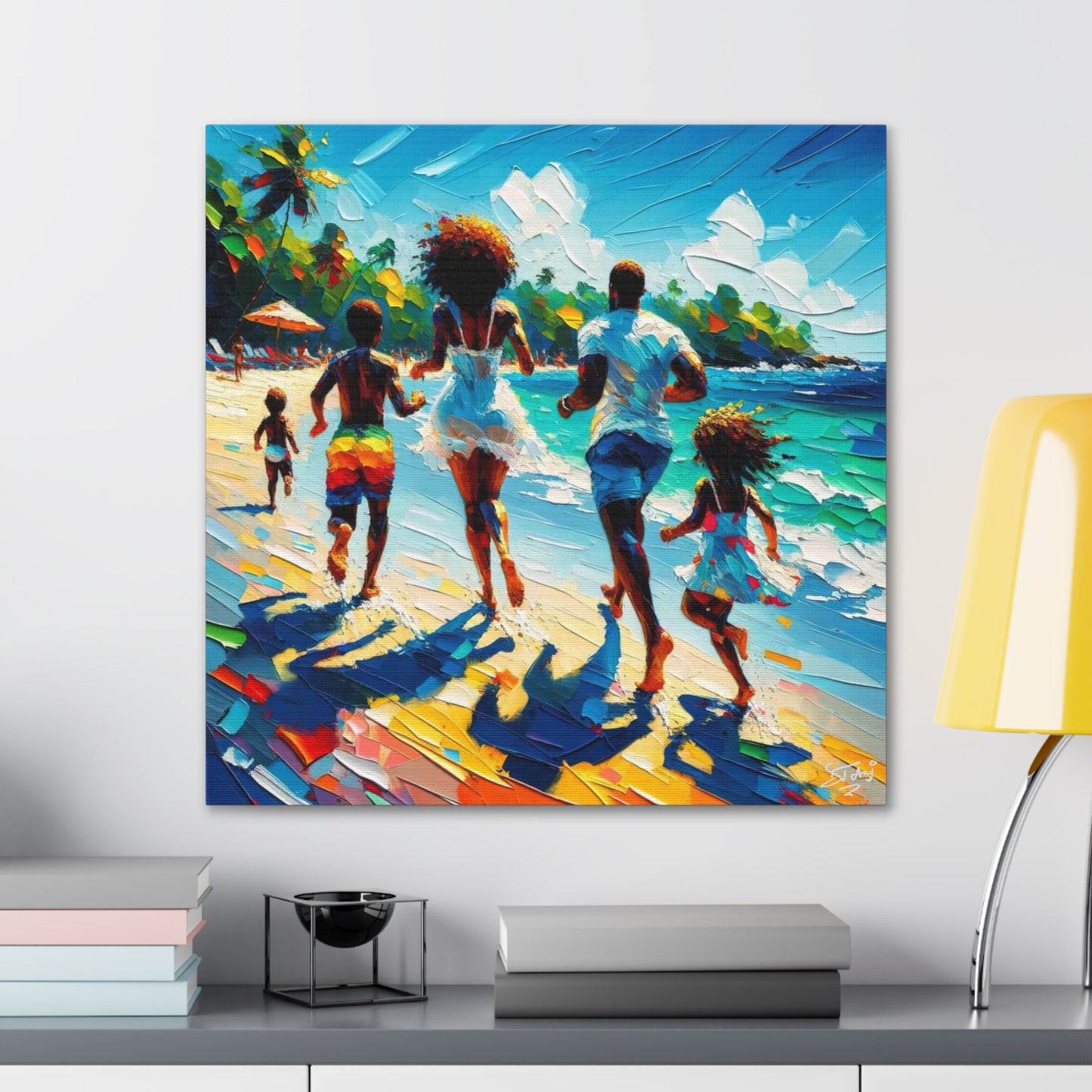 Art Print, Afro-Caribbean Family "Running on the Beach," Oil Finish, West Indian Ethnicity, Cultural, Heritage, Semi-Abstract, Canvas Gallery Wrap