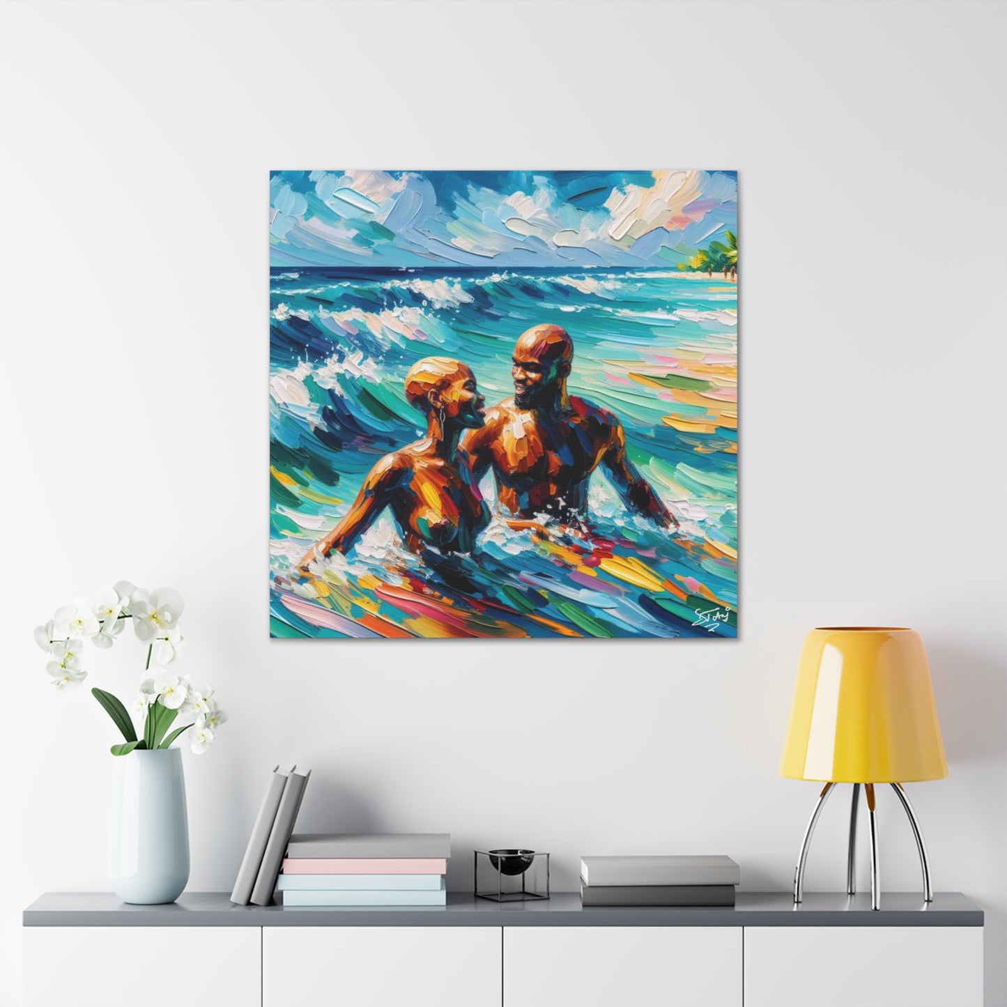 Art Print, Afro-Caribbean Couple "Skinny Dipping," Oil Finish, West Indian Ethnicity, Cultural, Heritage, Semi-Abstract, Canvas Gallery Wrap