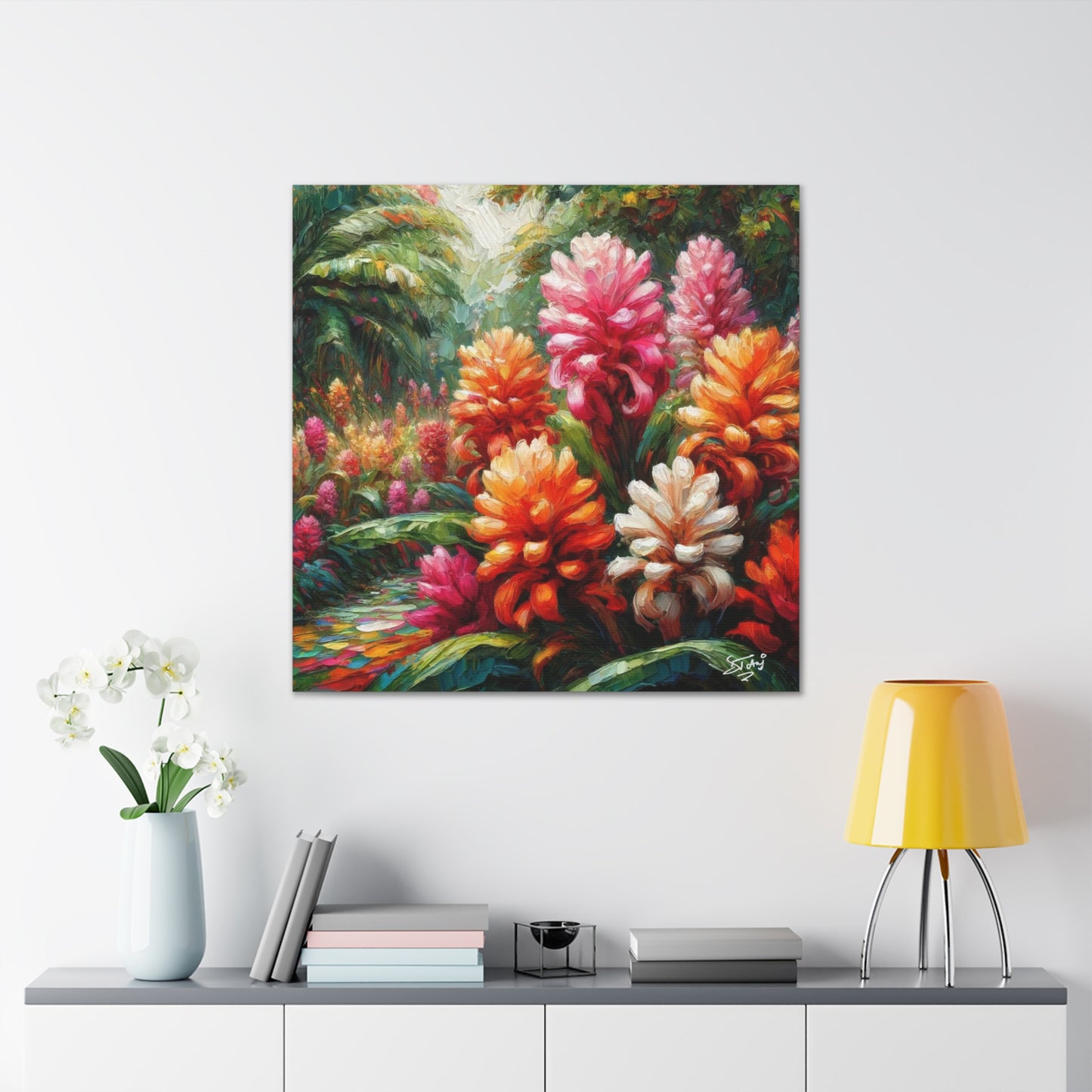 Art Print of Tropical Flower Garden, Oil Finish, West Indian Art, Canvas Gallery Wraps