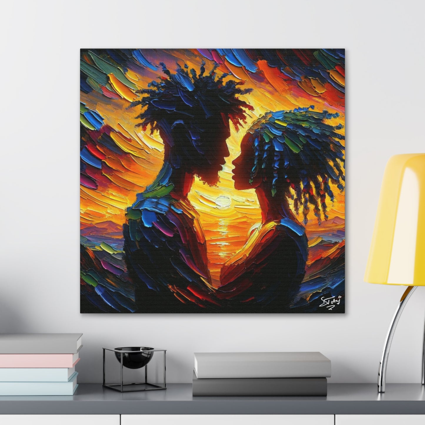 Art Print, Afro-Caribbean Couple in Love, Oil Finish, West Indian Ethnicity, Cultural, Heritage, Semi-Abstract, Canvas Gallery Wrap