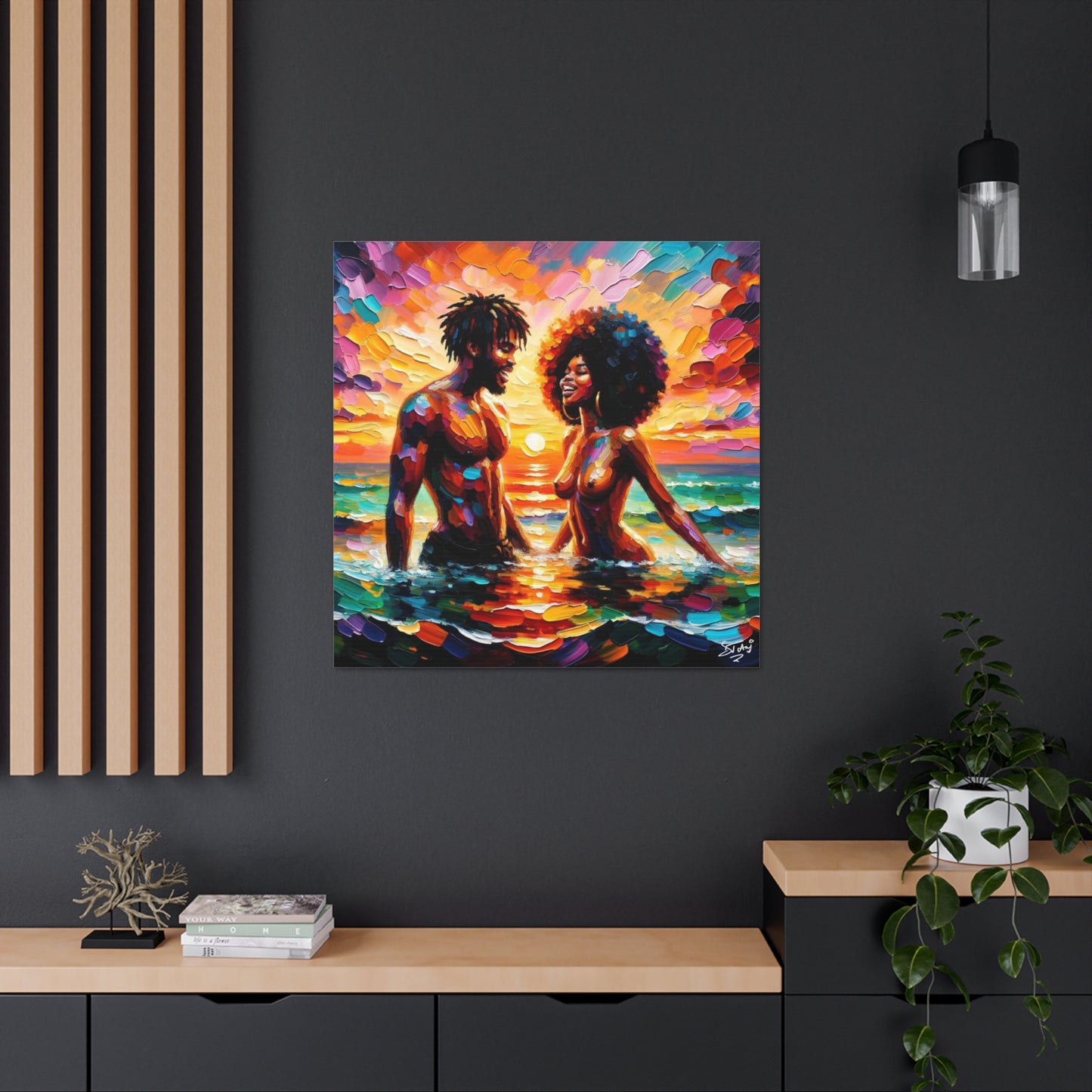 Art Print, Afro-Caribbean Couple in the Sea, Oil Finish, West Indian Ethnicity, Cultural, Heritage, Semi-Abstract, Canvas Gallery Wrap