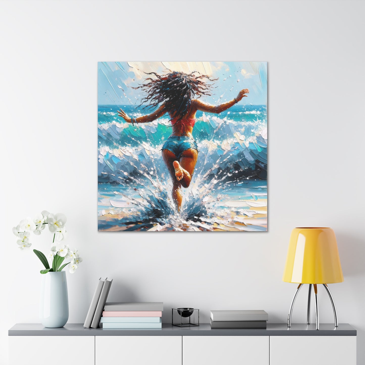 Art Print, East Indian Woman from Trinidad running into the Atlantic Ocean, Caribbean, Oil Finish, West Indian Art, Canvas Gallery Wraps