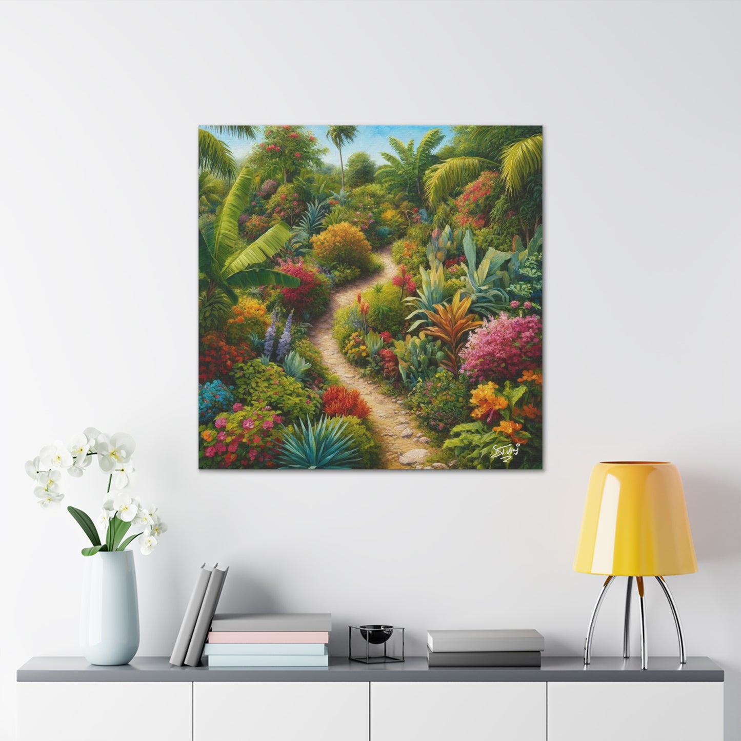 Art Print of Tropical Flower Garden, Oil Finish, West Indian Art, Canvas Gallery Wraps