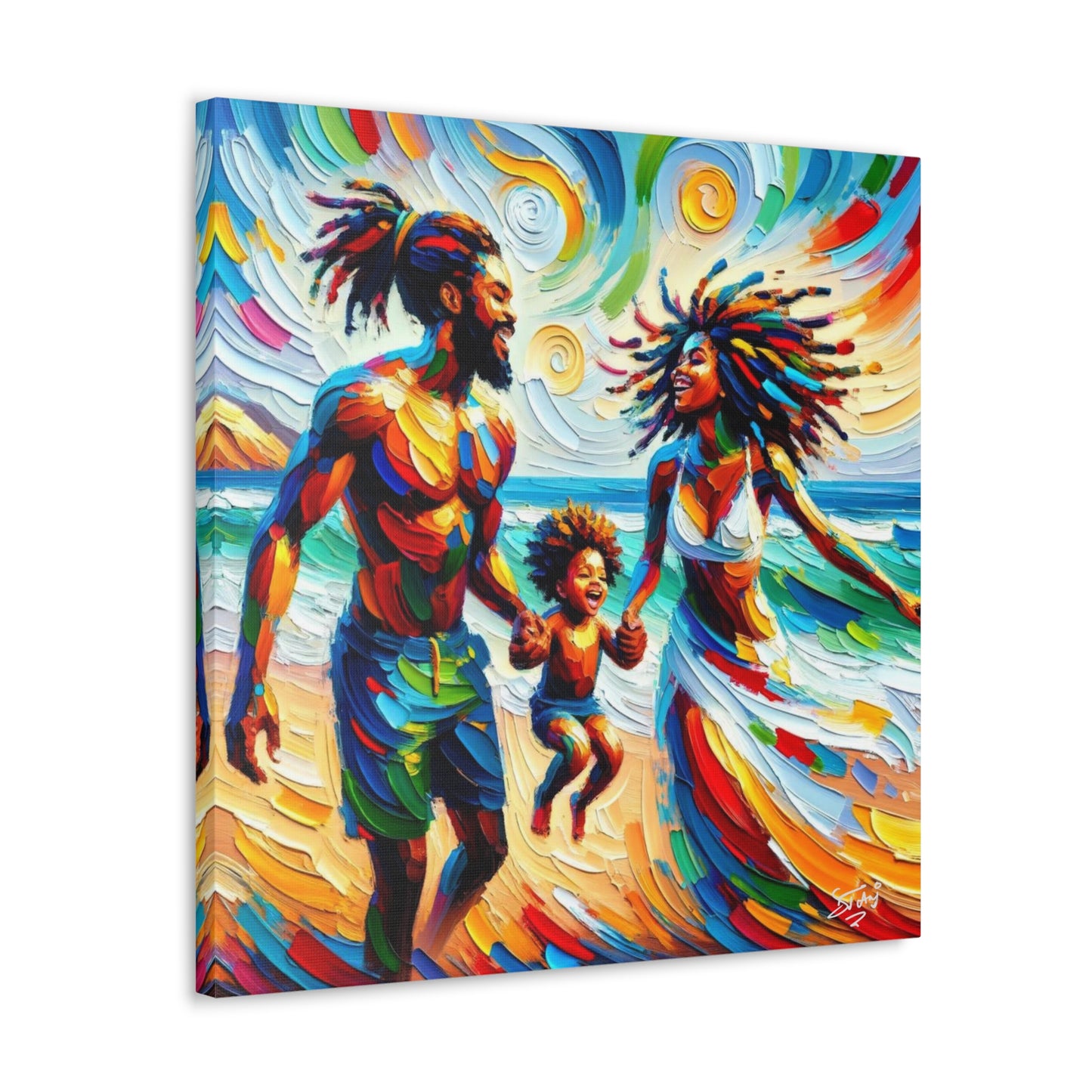 Art Print, Afro-Caribbean Family "Walking on the Beach," Oil Finish, West Indian Ethnicity, Cultural, Heritage, Semi-Abstract, Canvas Gallery Wrap