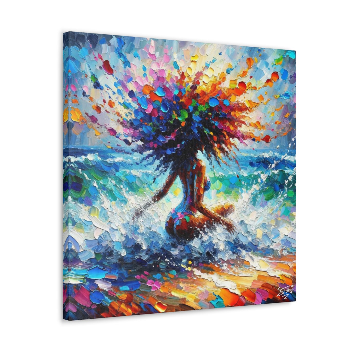 Art Print, Afro-Caribbean Woman, "Splashing Fun" Oil Finish, West Indian Ethnicity, Cultural, Heritage, Abstract, Canvas Gallery Wrap