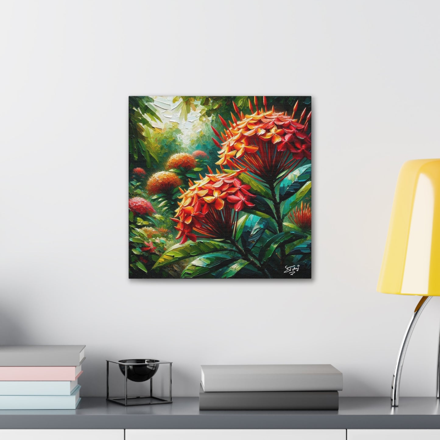 Art Print of Ixora Flowers, Oil Finish, West Indian Art, Canvas Gallery Wraps