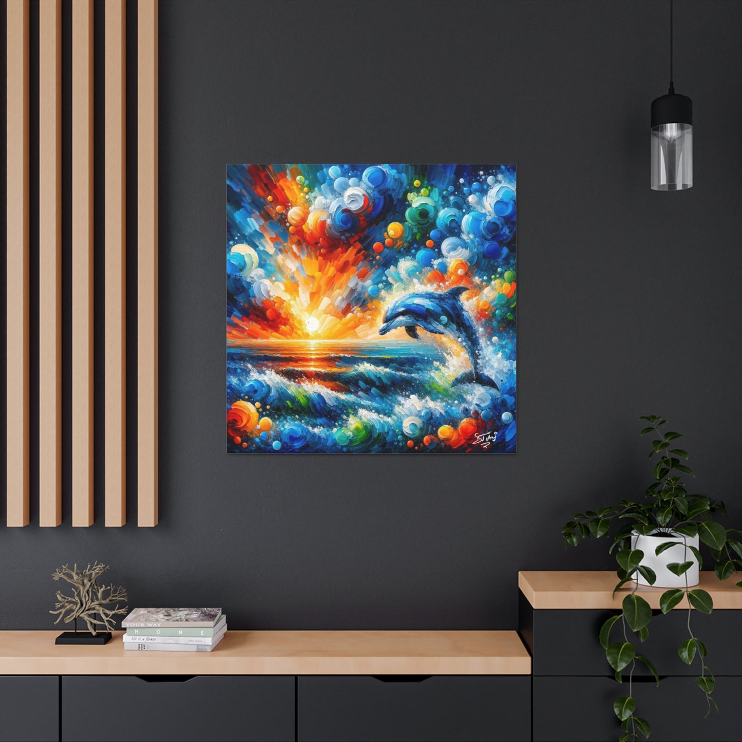 Art Print, Dolphin at Sunset, Abstract Oil Finish, Caribbean Nature, Canvas Gallery Wrap