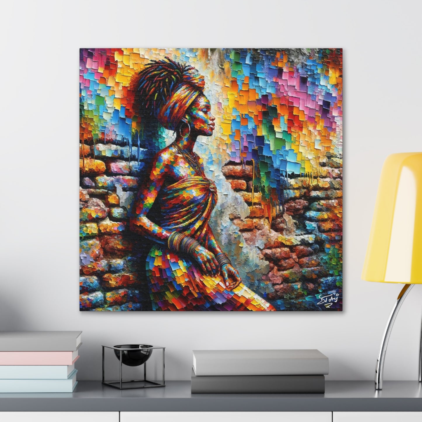 Art Print, Afro-Caribbean Woman "In Paint," (5) Oil Finish, West Indian Ethnicity, Cultural, Heritage, Semi-Abstract, Canvas Gallery Wrap