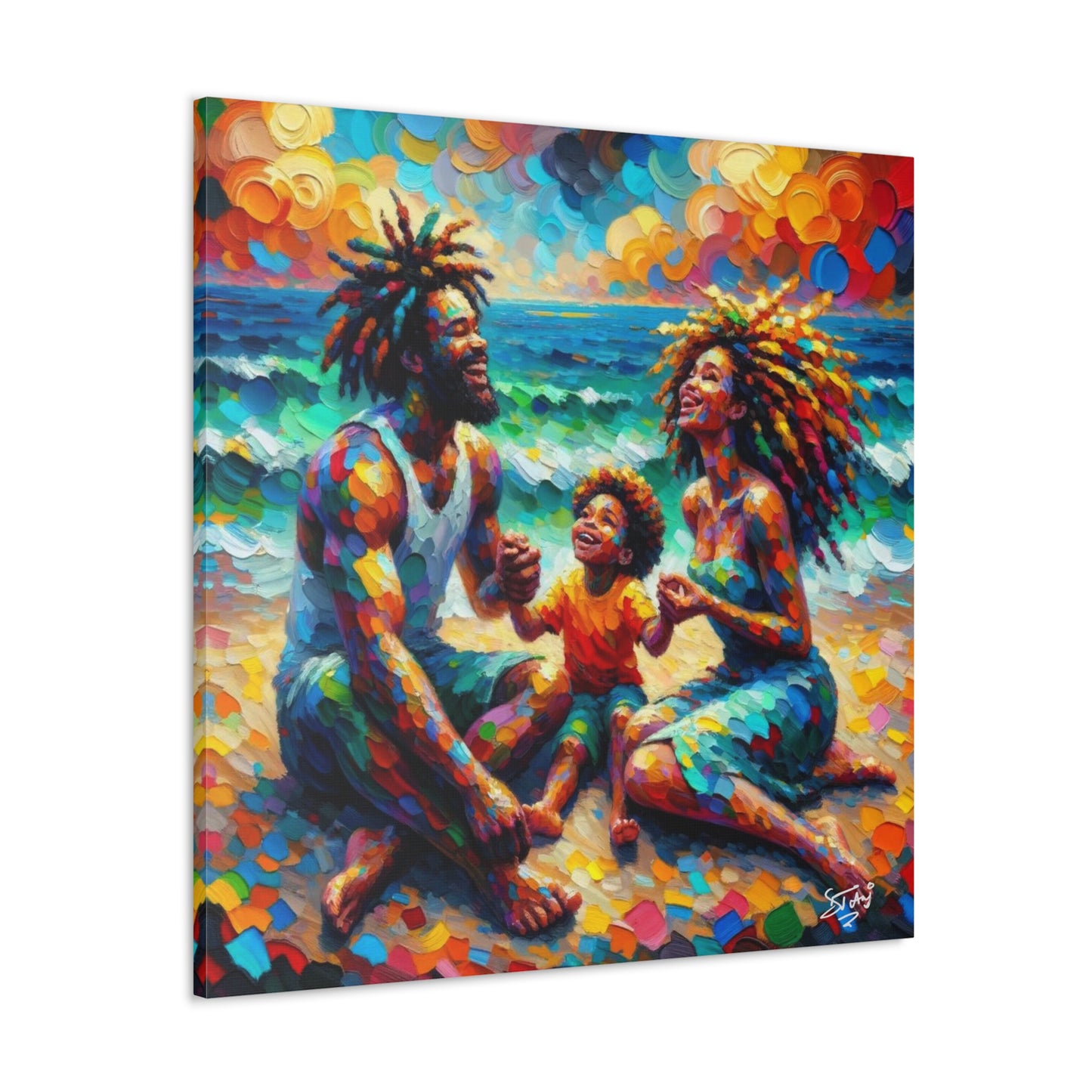 Art Print, Afro-Caribbean Family "Sitting on the Beach," Oil Finish, West Indian Ethnicity, Cultural, Heritage, Semi-Abstract, Canvas Gallery Wrap