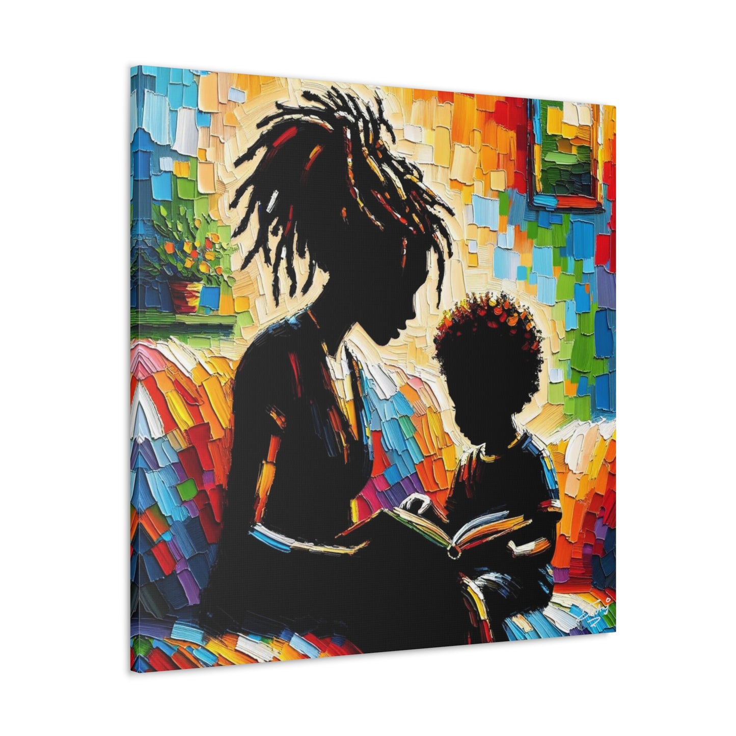 Art Print, Afro-Caribbean Mother & Son (3), Oil Finish, West Indian Ethnicity, Cultural, Heritage, Semi-Abstract, Canvas Gallery Wrap