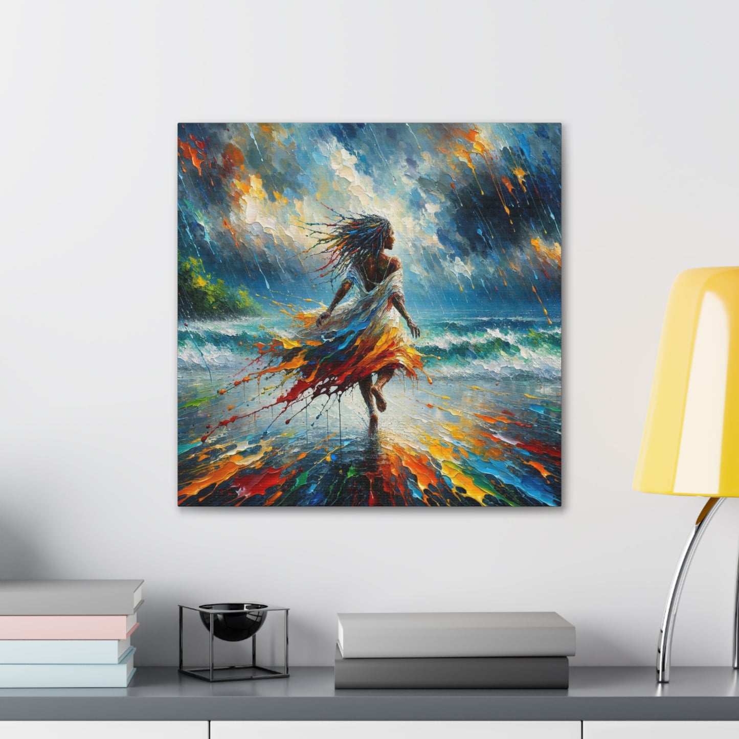 Art Print#4, East Indian Woman from Trinidad running into the Atlantic Ocean, Caribbean, Oil Finish, West Indian Art, Canvas Gallery Wraps