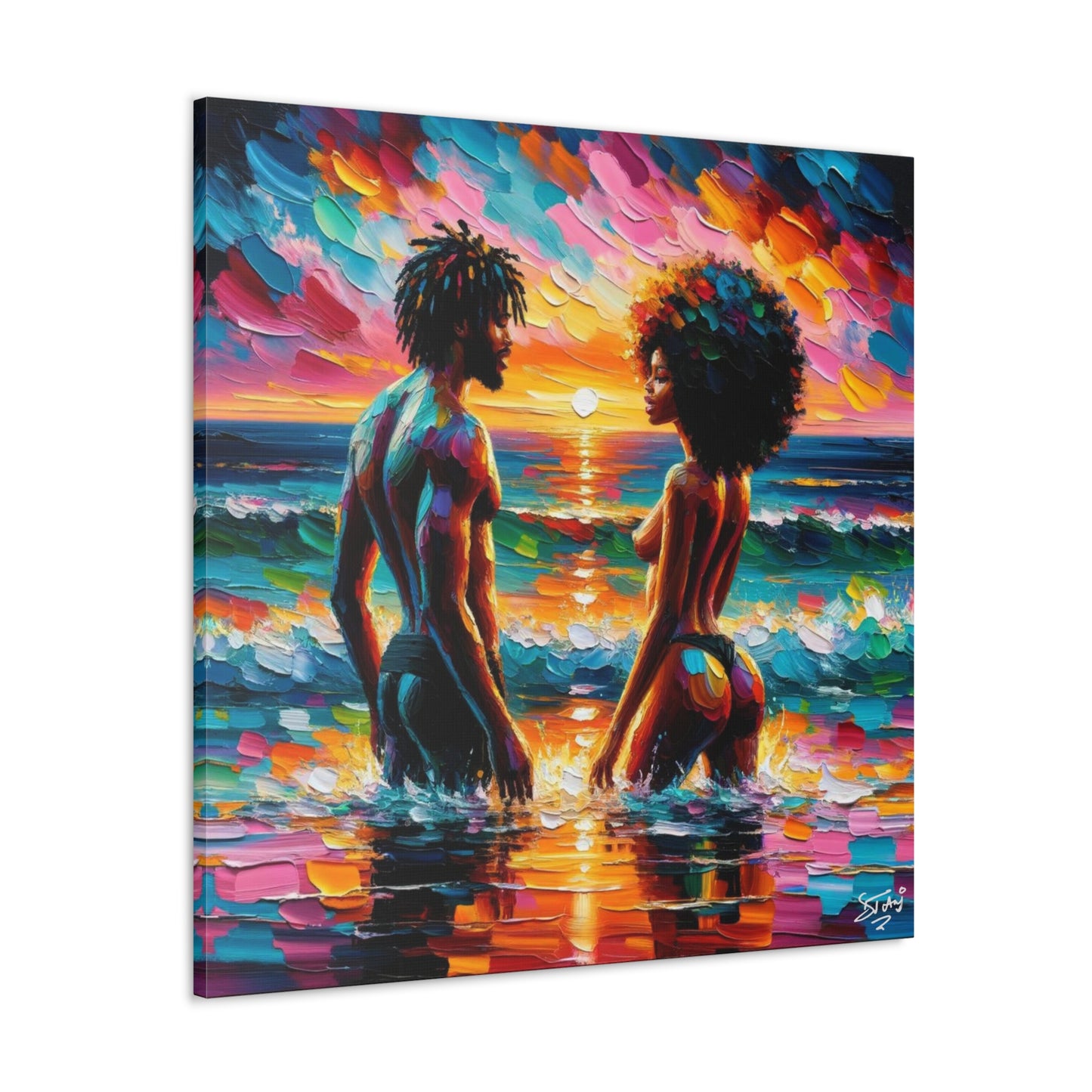 Art Print, Afro-Caribbean Couple in the Ocean, Oil Finish, West Indian Ethnicity, Cultural, Heritage, Semi-Abstract, Canvas Gallery Wrap