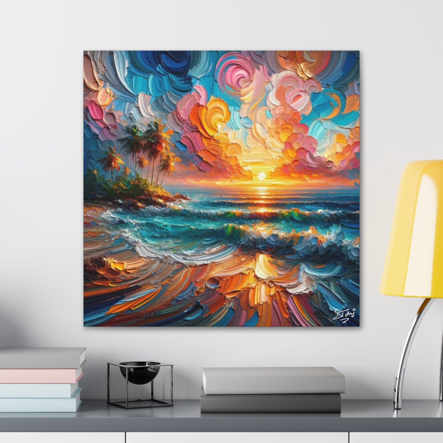 Art Print of Caribbean Sunset Scene, Semi-Abstract, Oil Painting, West Indian Art, Canvas Gallery Wraps