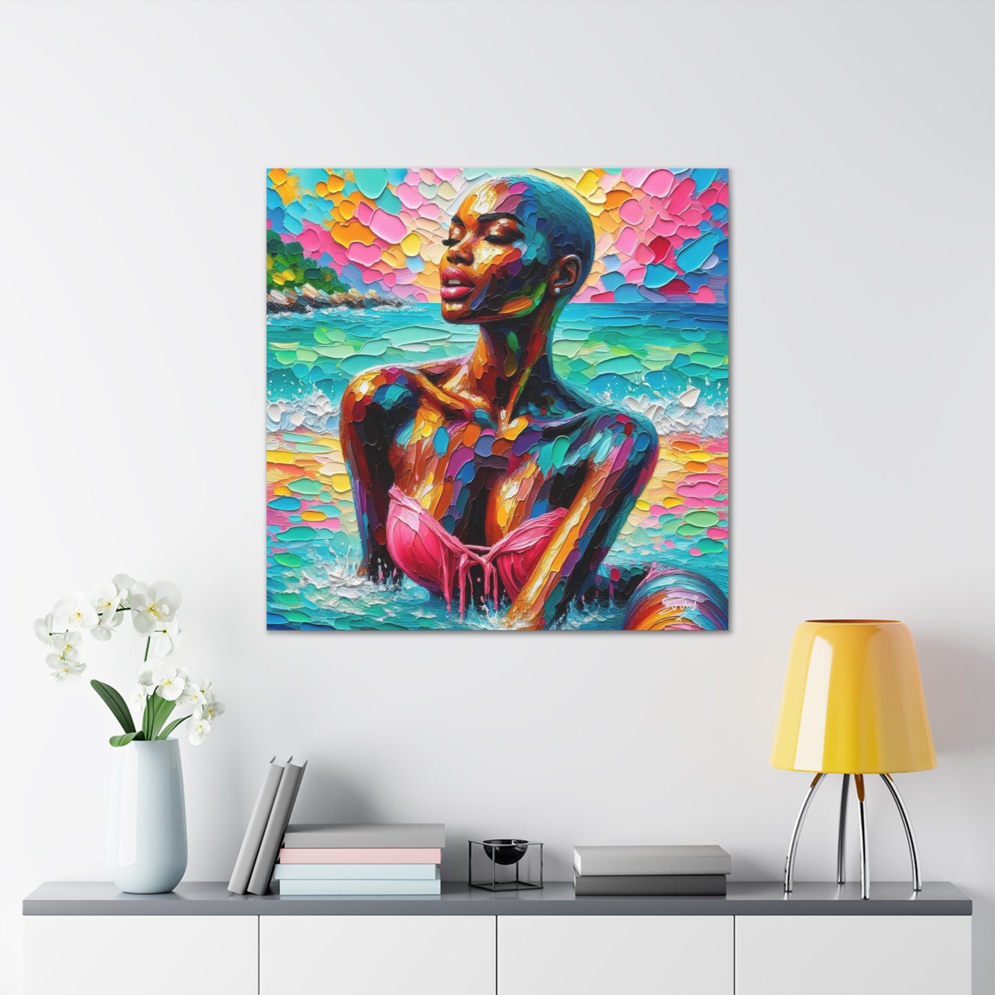 Art Print, Afro-Caribbean Woman, "Sea Bath" Abstract, Oil Finish, West Indian Ethnicity, Cultural, Heritage, Abstract, Canvas Gallery Wrap