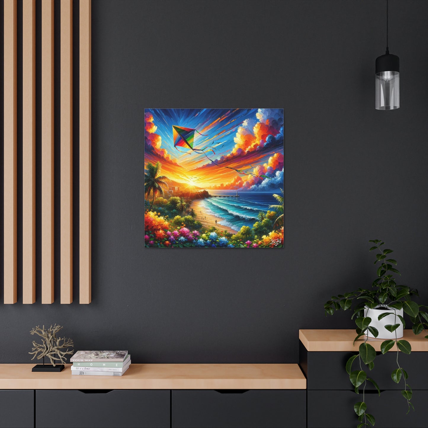 Art Print of Caribbean Sunset "Flying Kite," West Indian Art, Canvas Gallery Wraps