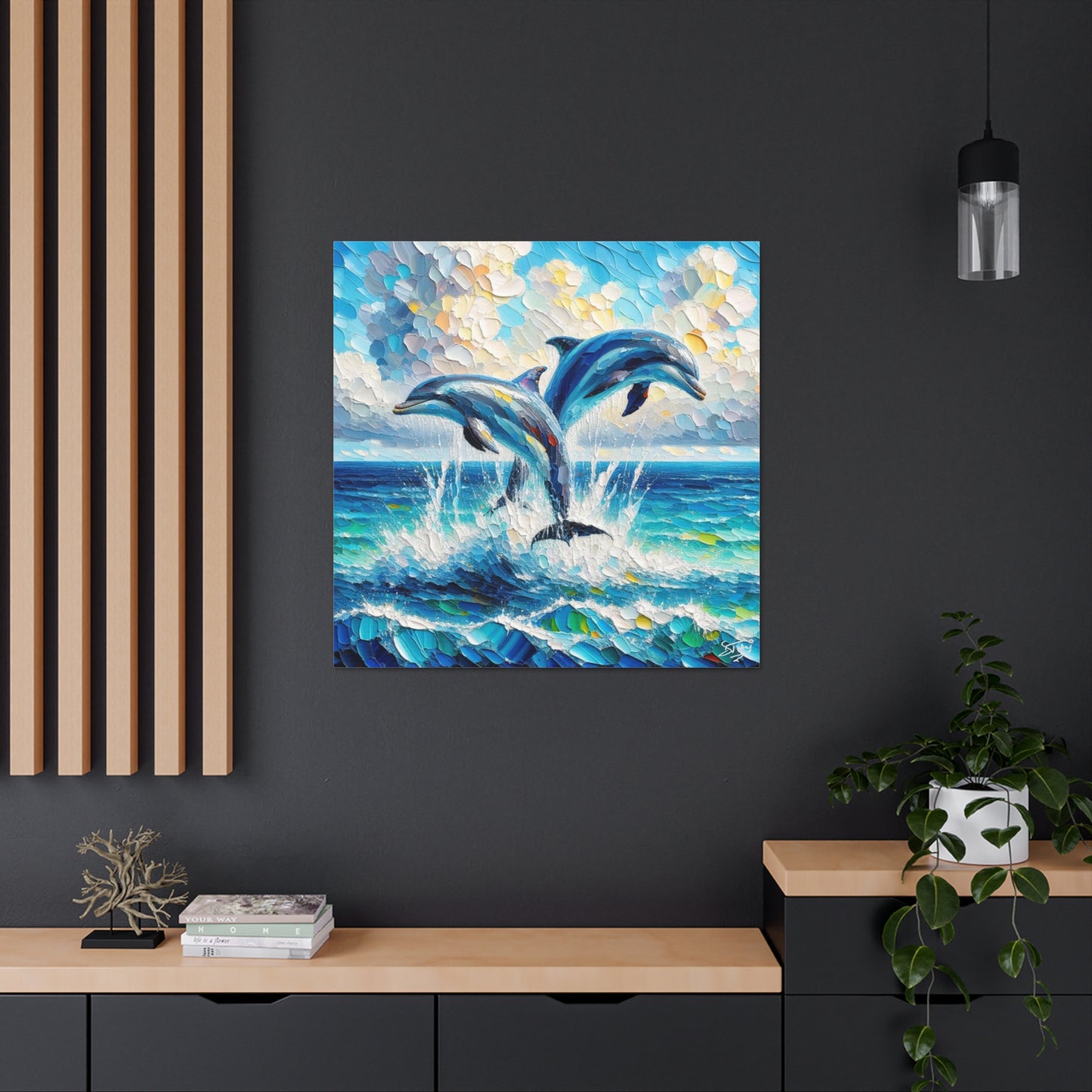 Art Print, Two Dolphins, Oil Finish, Caribbean Nature, Canvas Gallery Wrap