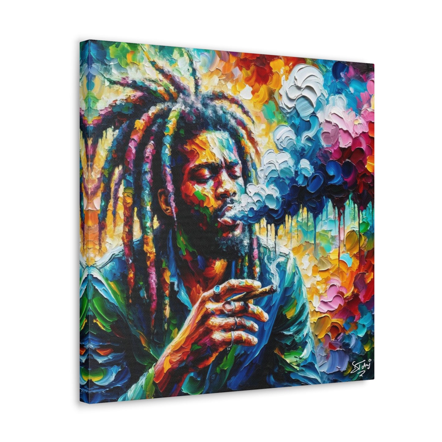 Art Print of Rastaman Smoking, Oil Finish, West Indian Ethnicity, Cultural, Heritage, Afro-Caribbean Man, Semi-Abstract, Canvas Gallery Wrap