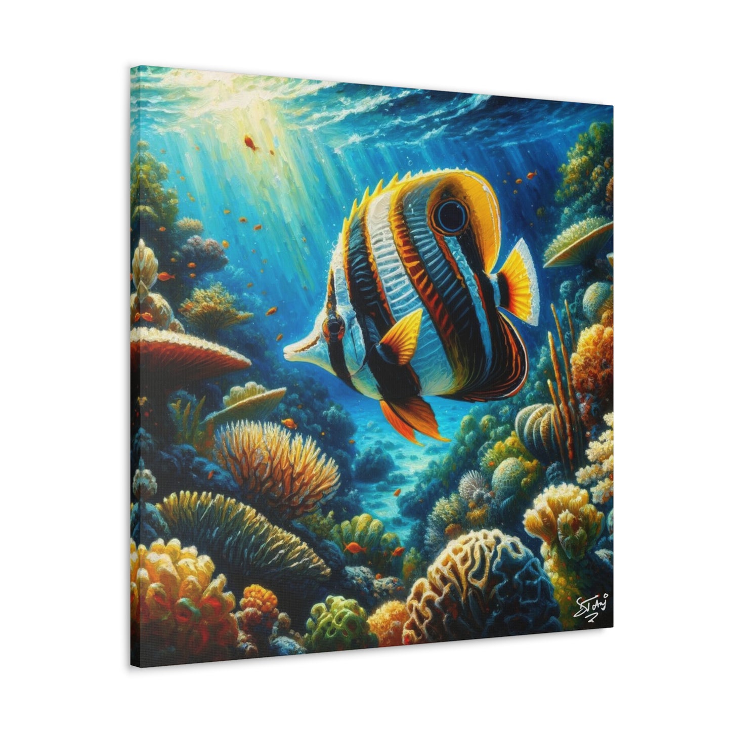 Art Print, Banded Butterflyfish in Coral Reef, Oil Finish, Caribbean Nature, Semi-Abstract, Canvas Gallery Wrap