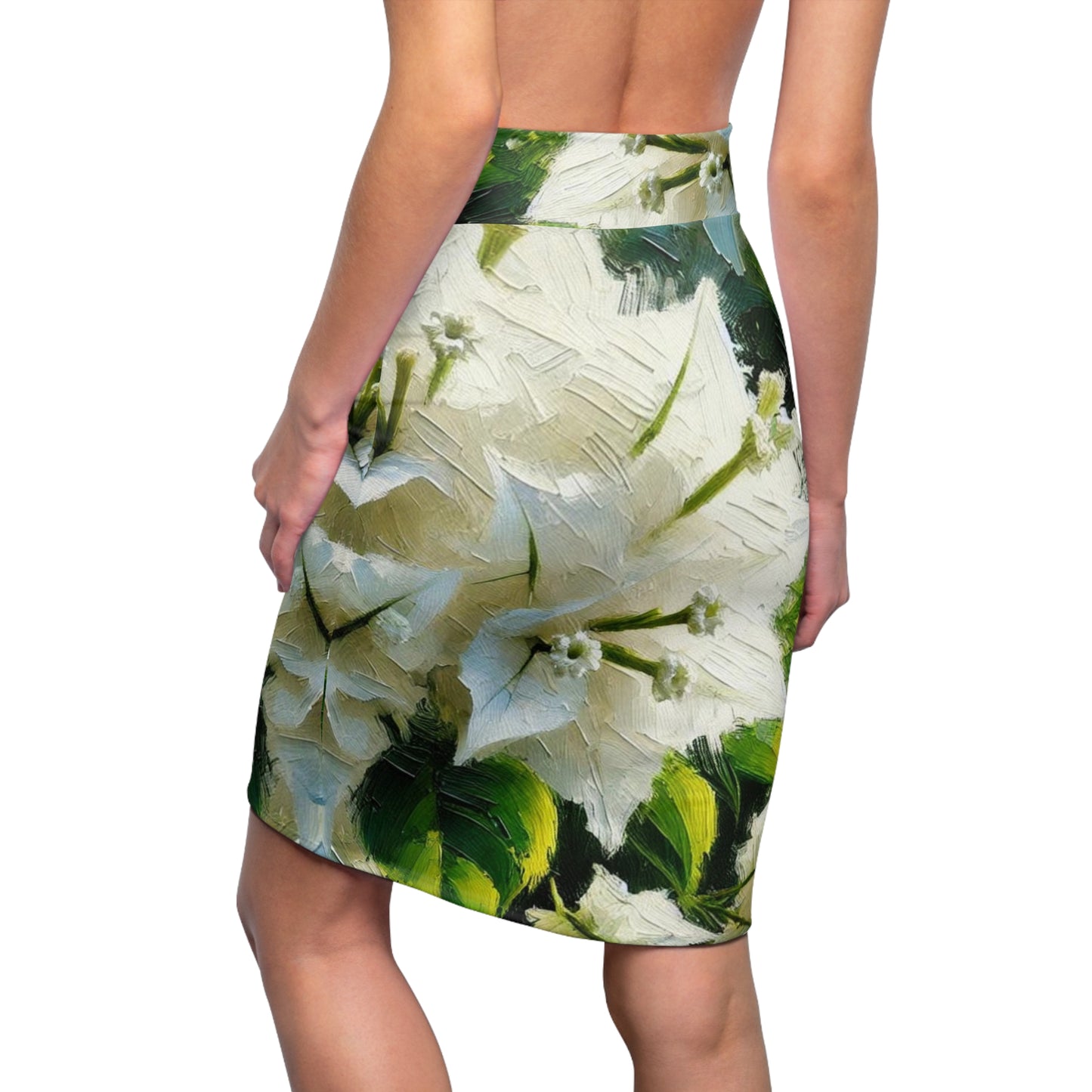 Women's Pencil Skirt (AOP) White Bougainvillea Print