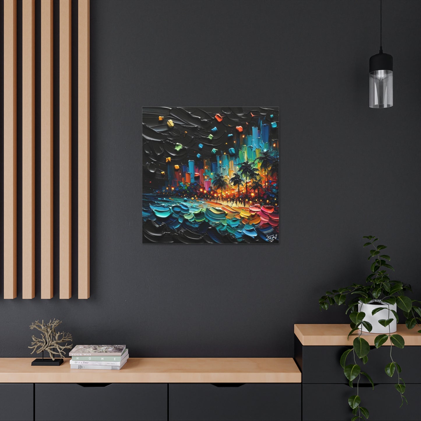 Art Print of Caribbean Beach at Night, Semi-Abstract, Oil Painting, West Indian Art, Canvas Gallery Wraps