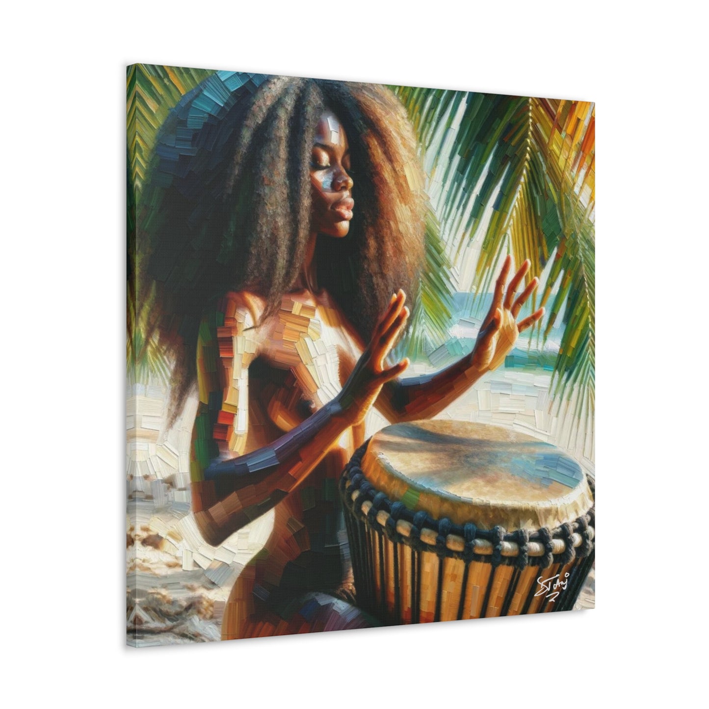 Art Print, Afro-Caribbean Woman, "Drumming" Oil Finish, West Indian Ethnicity, Cultural, Heritage, Abstract, Canvas Gallery Wrap