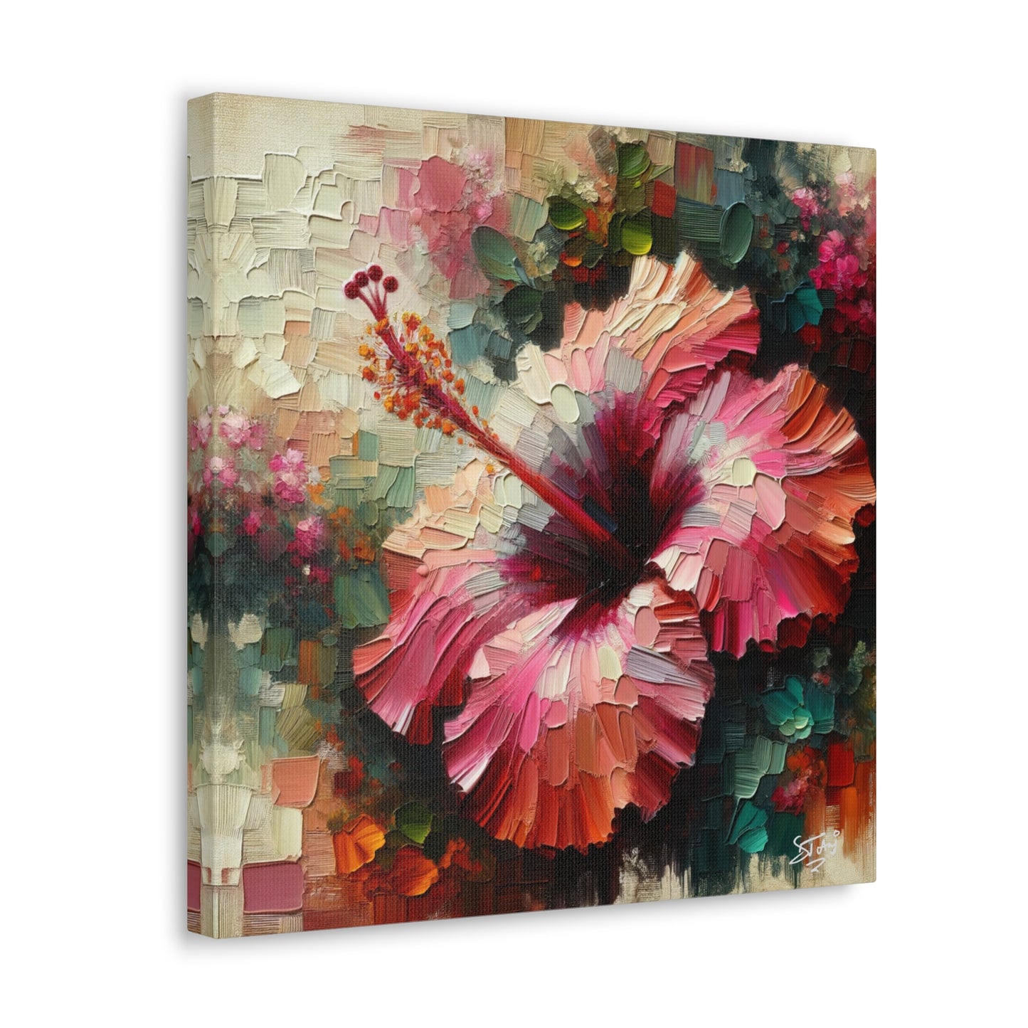 Oil Print#3 of a Pink Hibiscus Flower, Close-up View, Semi-abstract, Caribbean, Vibrant Vivid Colors, Canvas Gallery Wraps