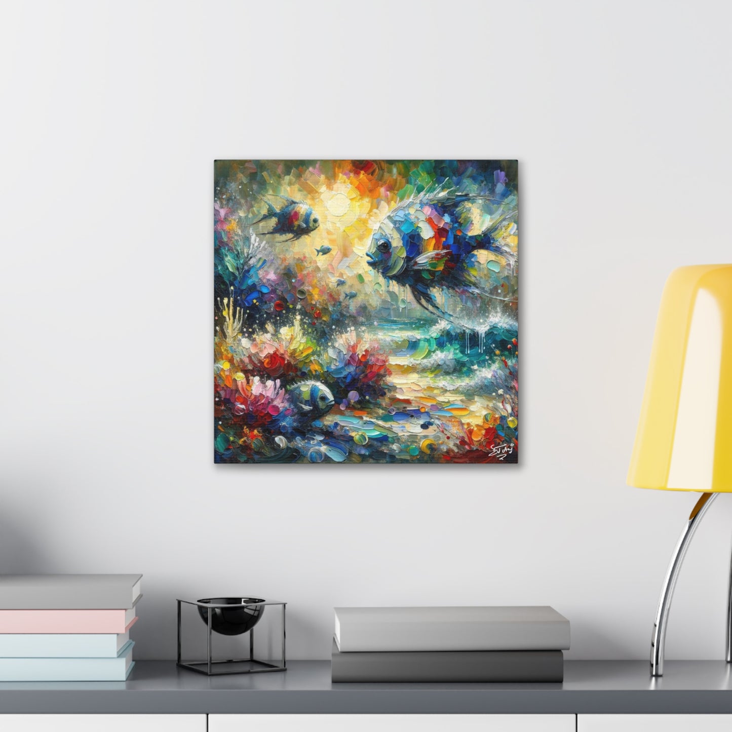 Art Print, Fishes in Coral Reef (2), Oil Finish, Caribbean Nature, Semi-Abstract, Canvas Gallery Wrap