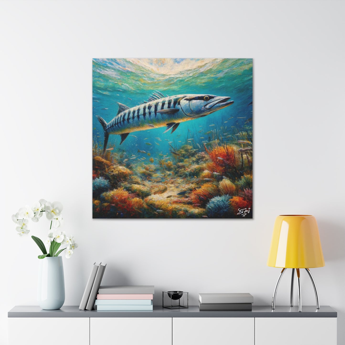 Art Print, Great Barracuda, Oil Finish, Caribbean Nature, Canvas Gallery Wrap