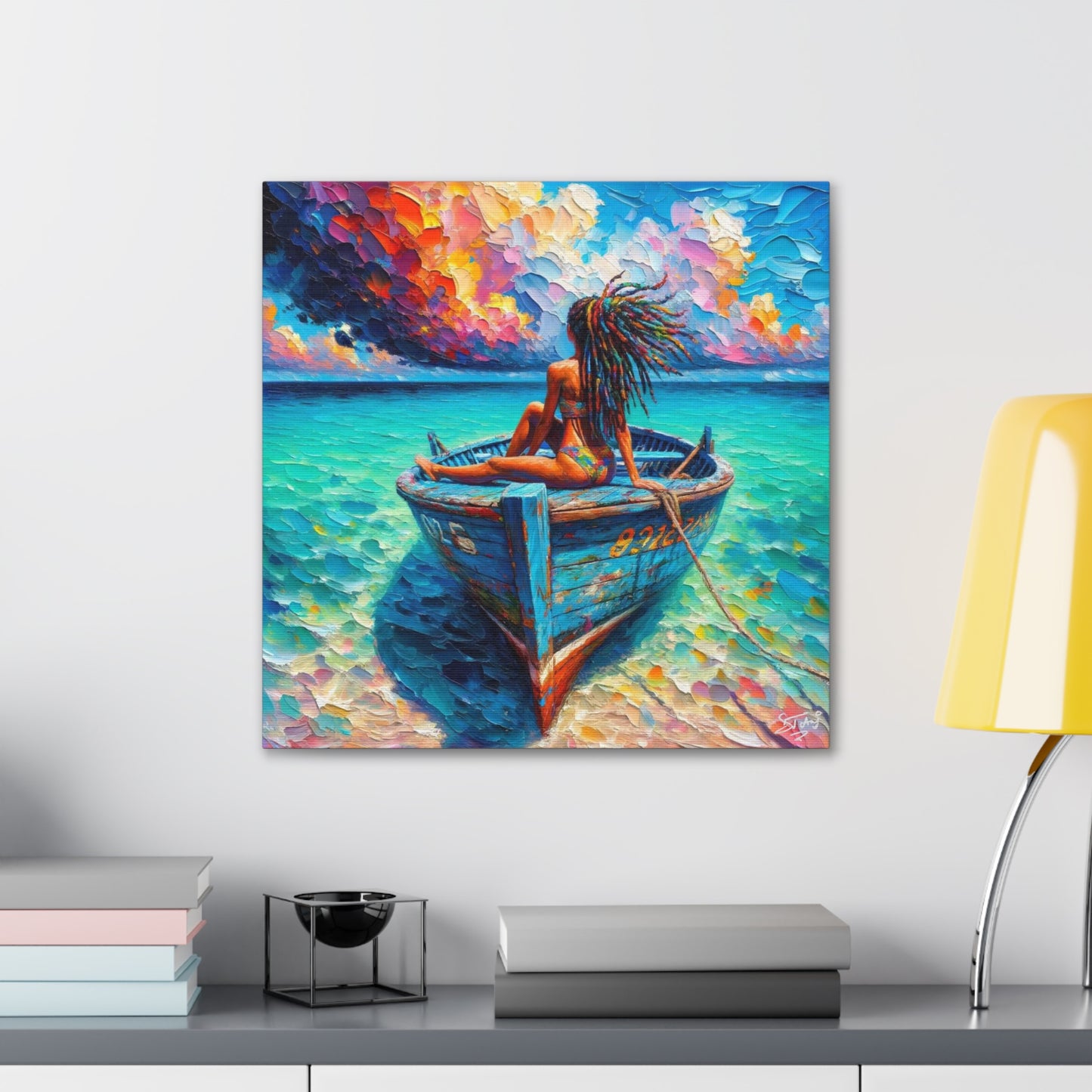 Art Print, Afro-Caribbean Woman "Chilling in the Boat (2)" Oil Finish, West Indian Ethnicity, Cultural, Heritage, Semi-Abstract, Canvas Gallery Wrap