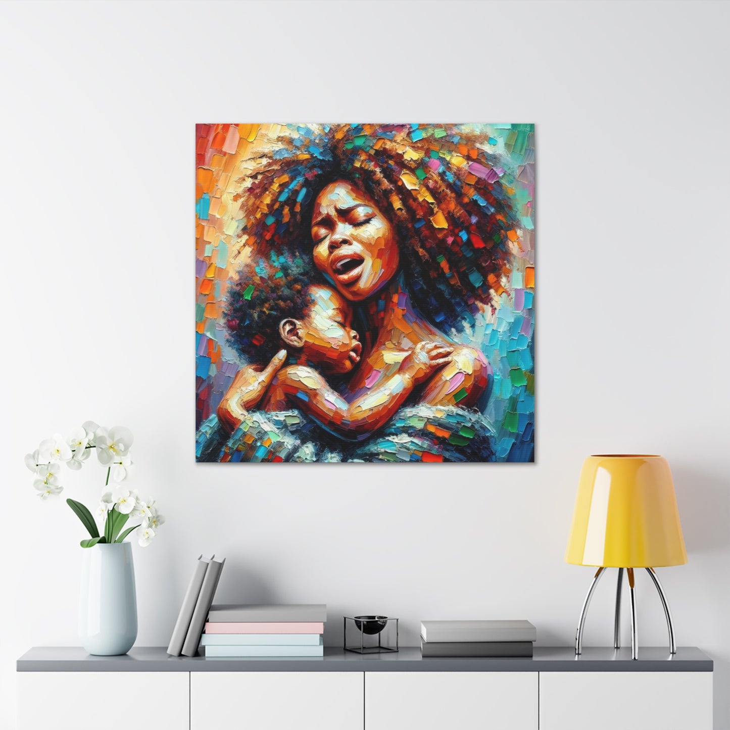 Art Print, Mother & Child, Afro-Caribbean Woman, Oil Finish, West Indian Ethnicity, Cultural, Heritage, Semi-Abstract, Canvas Gallery Wrap