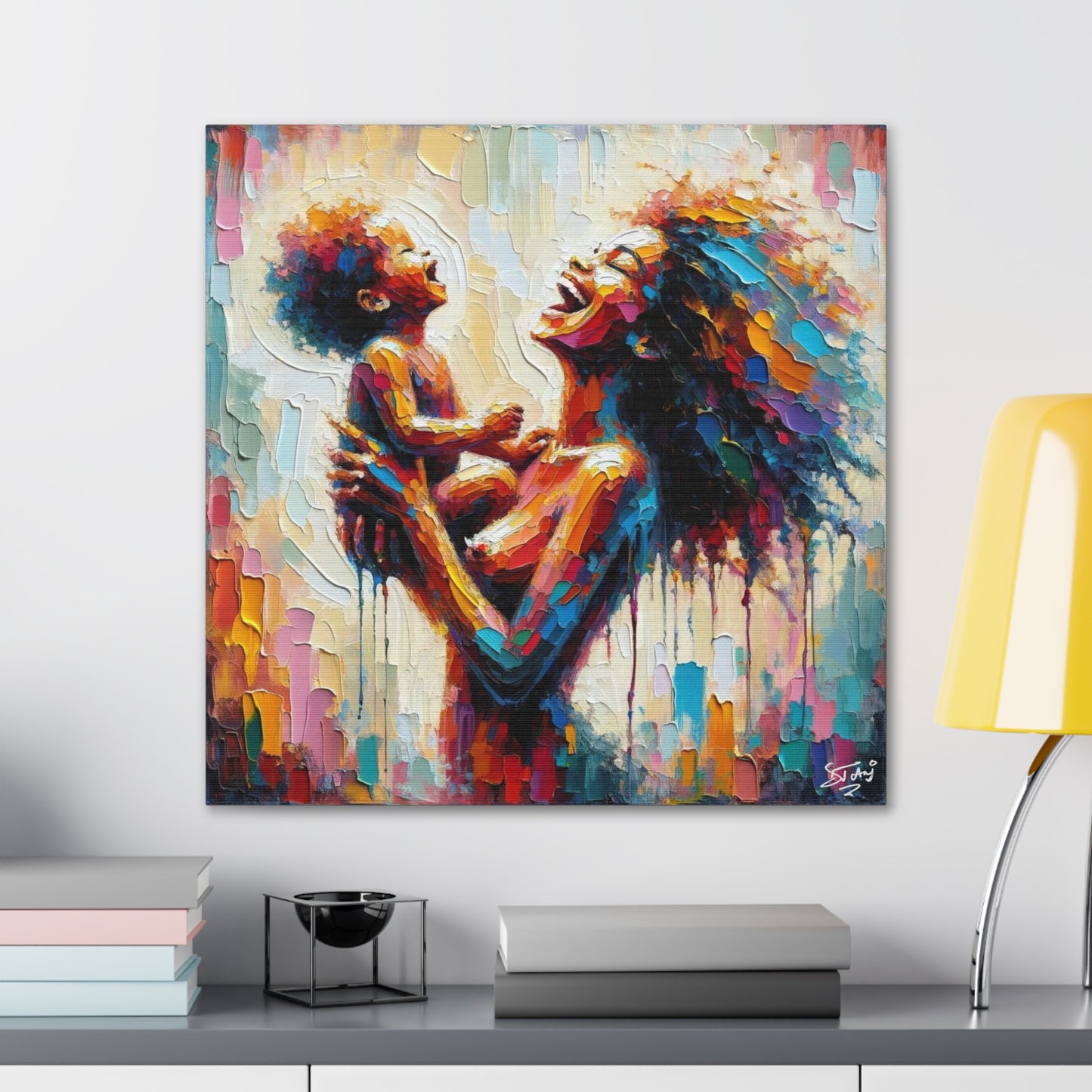 Art Print, Afro-Caribbean Woman & Child, Oil Finish, West Indian Ethnicity, Cultural, Heritage, Semi-Abstract, Canvas Gallery Wrap