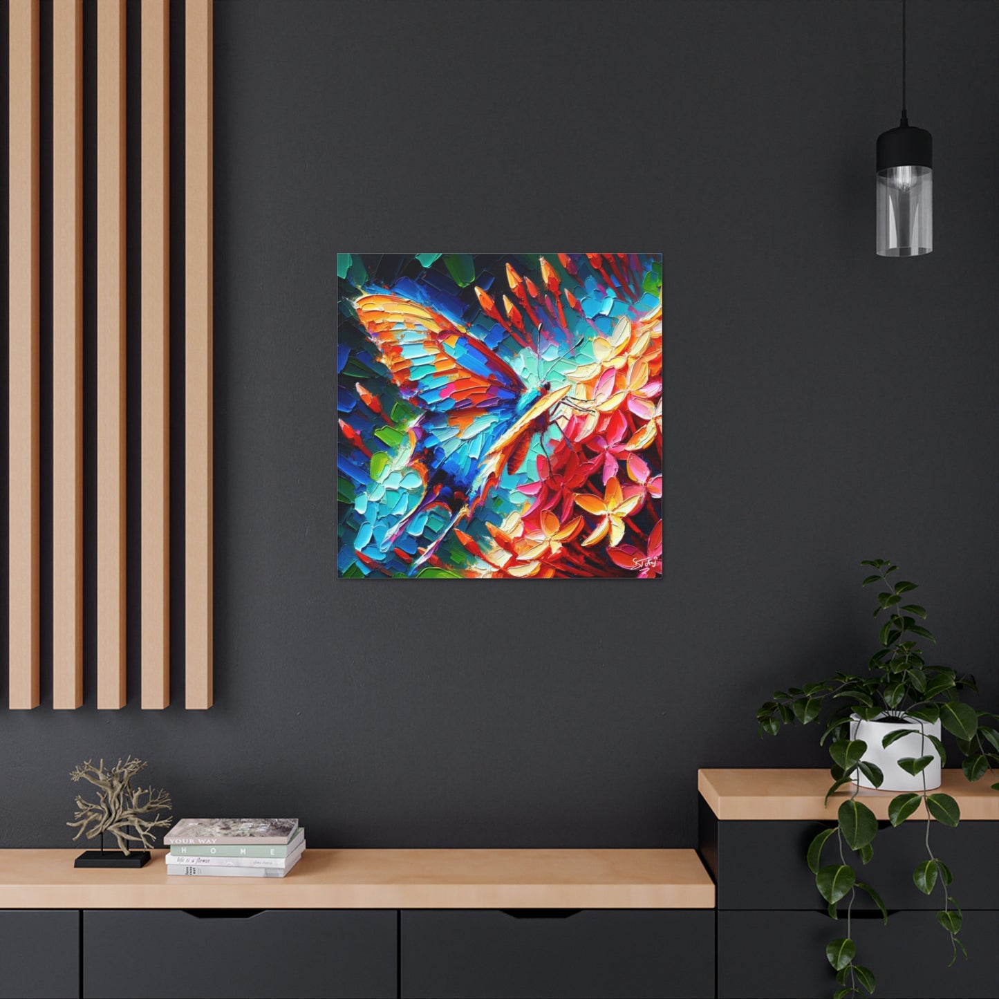 Art Print, Butterfly on Ixoras, Oil Finish, Caribbean Nature, Cultural, Heritage, Semi-Abstract, Canvas Gallery Wrap