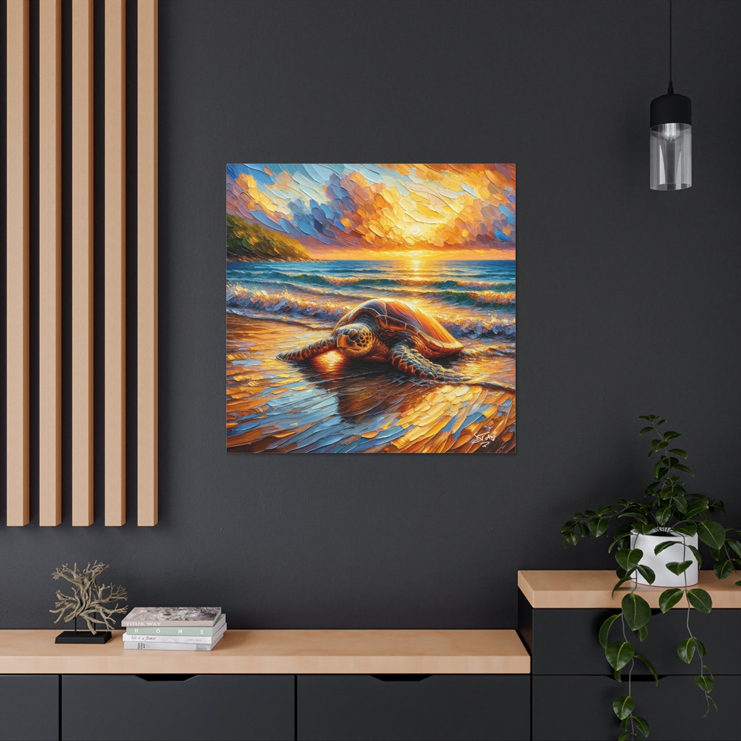 Art Print, Turtle at Sunset, Caribbean Wildlife, Oil Finish, Caribbean Nature, Culture, Heritage, Canvas Gallery Wrap