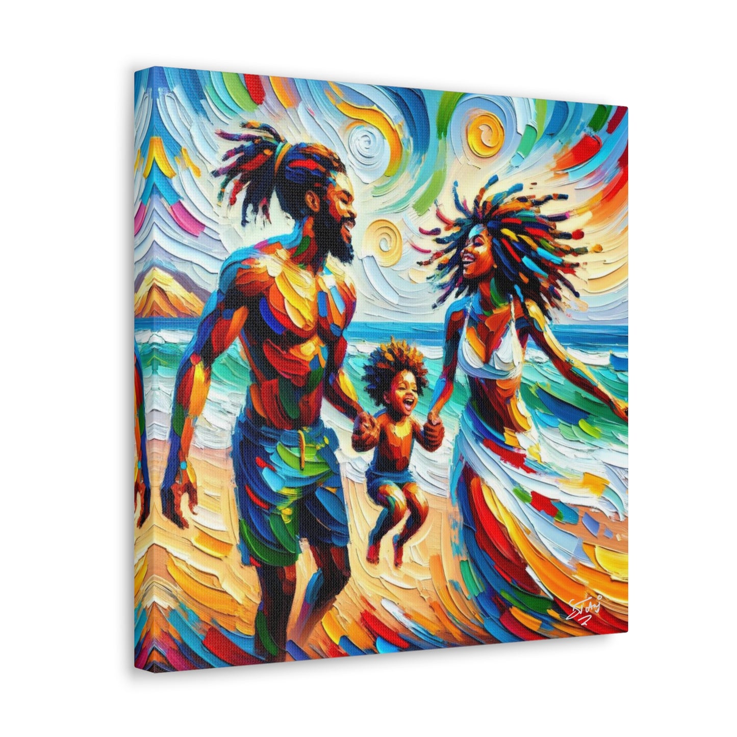 Art Print, Afro-Caribbean Family "Walking on the Beach," Oil Finish, West Indian Ethnicity, Cultural, Heritage, Semi-Abstract, Canvas Gallery Wrap