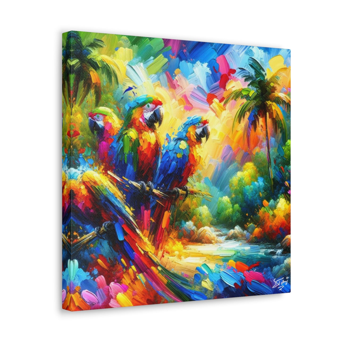 Art Print, The Parrots, Oil Finish, Caribbean Nature, Cultural, Heritage, Semi-Abstract, Canvas Gallery Wrap