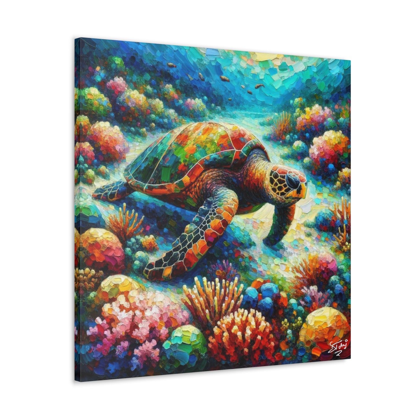 Art Print, Turtle in Reef, Oil Finish, Caribbean Nature, Cultural, Heritage, Semi-Abstract, Canvas Gallery Wrap