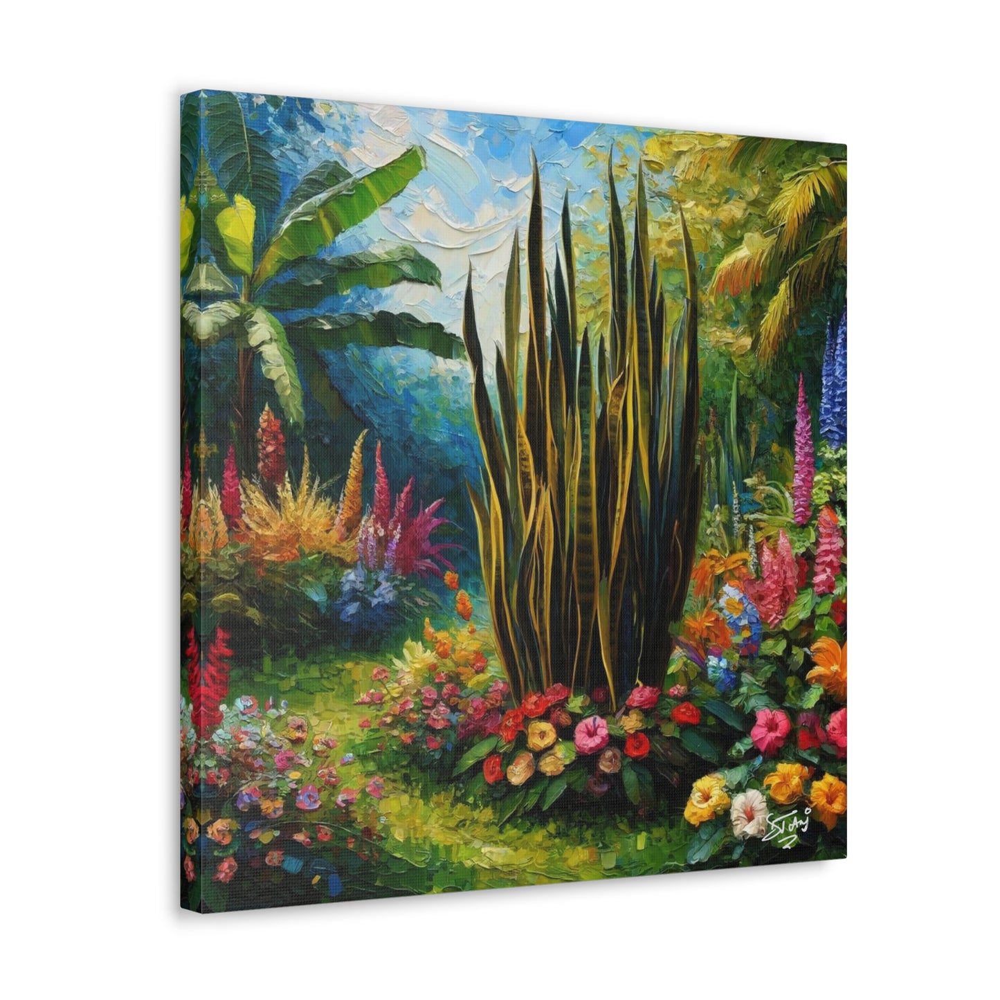 Art Print of Snake Plant in Tropical Flower Garden, Oil Finish, West Indian Art, Canvas Gallery Wraps