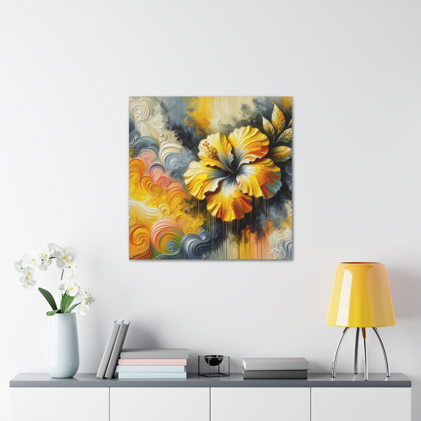 Oil Print of a Yellow Hibiscus Flower, Close-up View, Semi-abstract, Caribbean, Vibrant Vivid Colors, Canvas Gallery Wraps