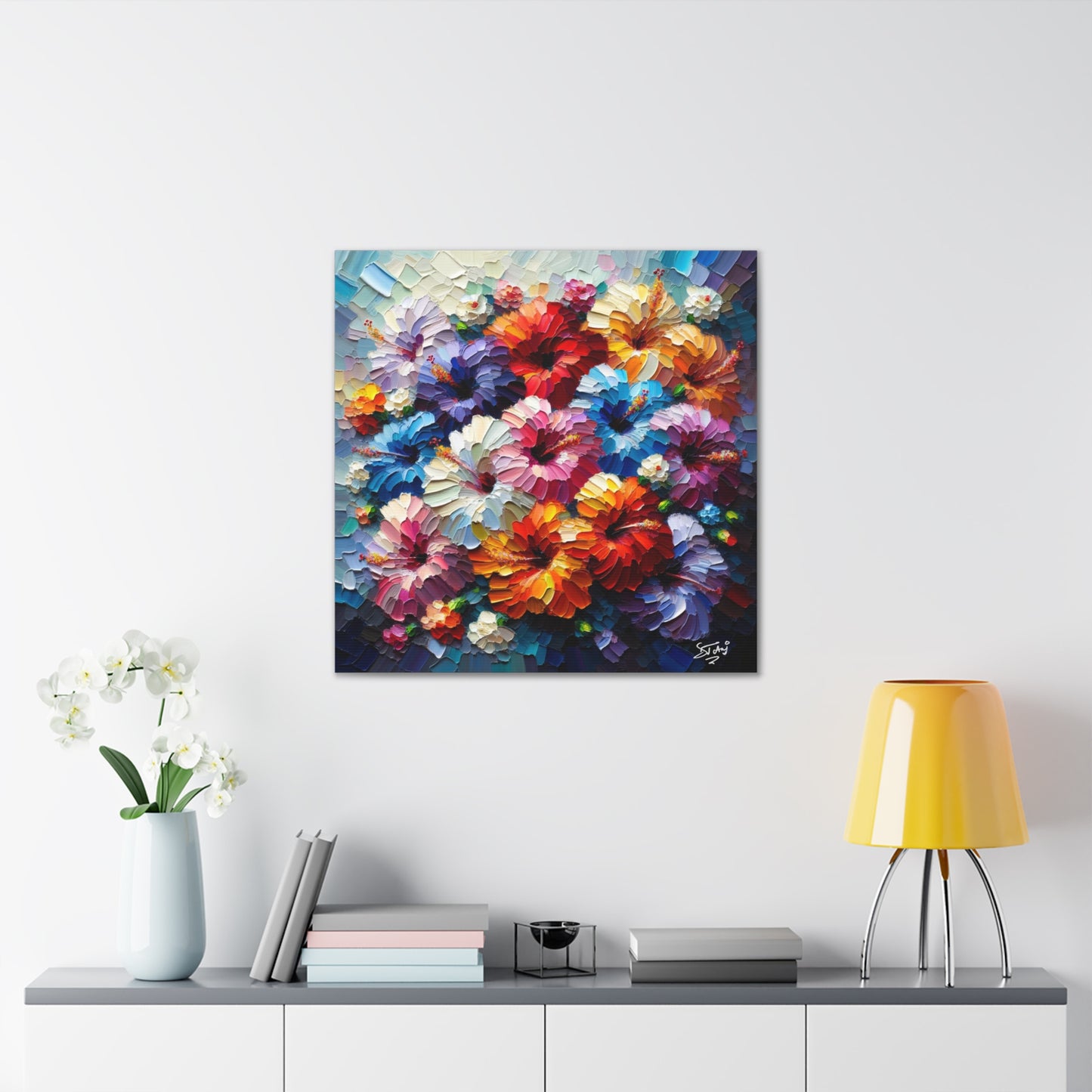 Print of Hibiscus Flower Arrangement, Semi-abstract, Oil Paint finish, Caribbean, Tropical, Canvas Gallery Wraps