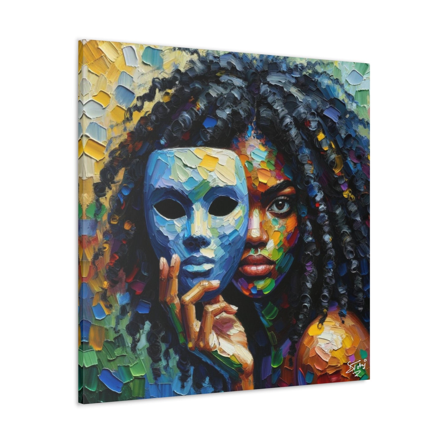 Art Print, Afro-Caribbean Woman Behind Mask, Oil Finish, West Indian Ethnicity, Cultural, Heritage, Semi-Abstract, Canvas Gallery Wrap