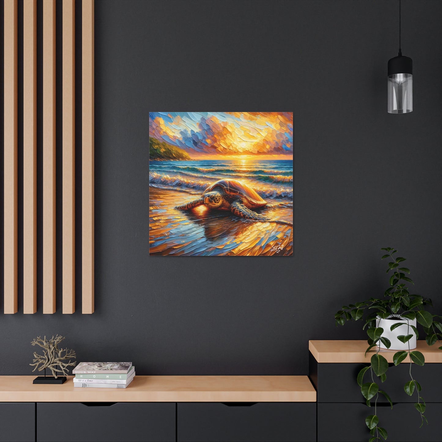 Art Print, Turtle at Sunset, Caribbean Wildlife, Oil Finish, Caribbean Nature, Culture, Heritage, Canvas Gallery Wrap