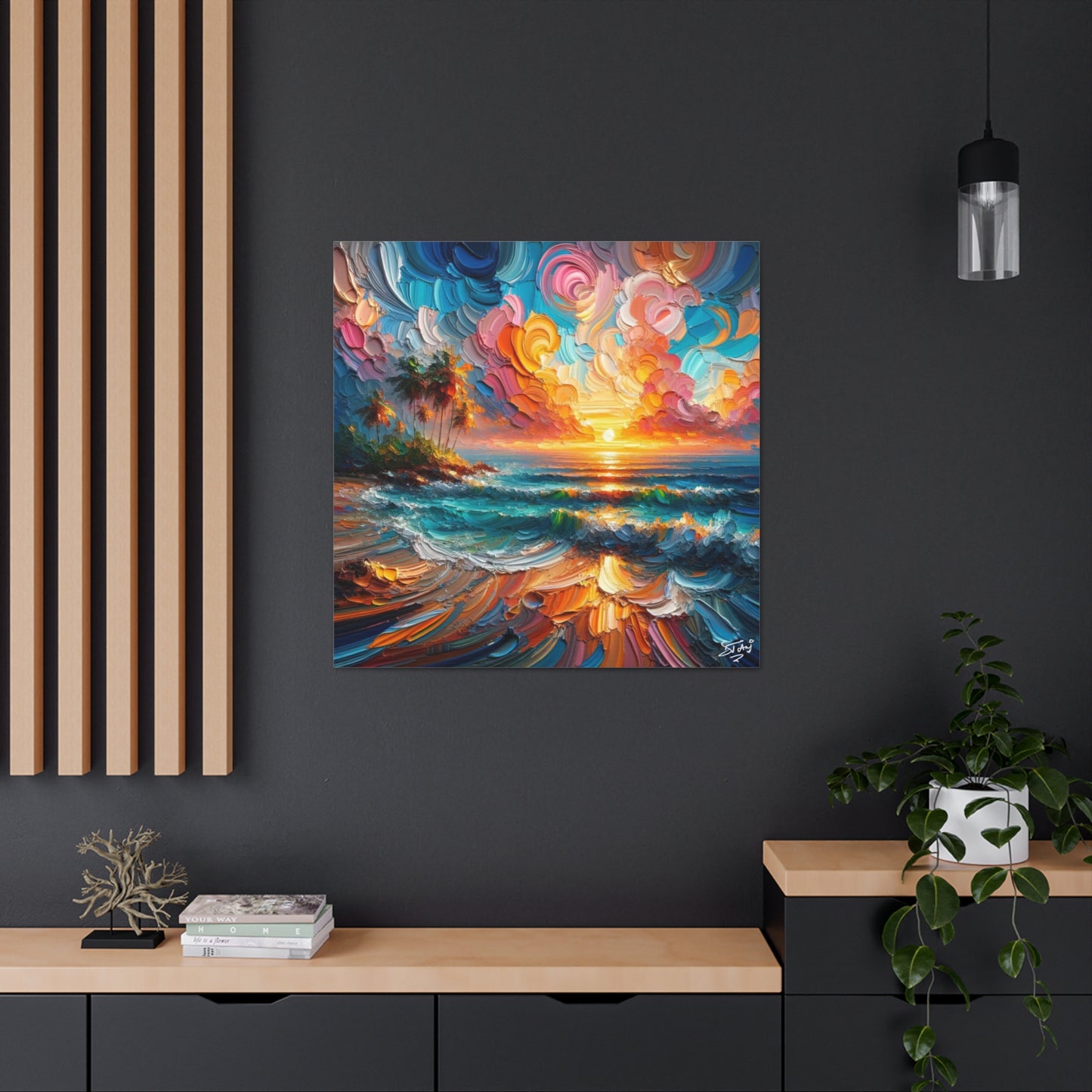 Art Print of Caribbean Sunset Scene, Semi-Abstract, Oil Painting, West Indian Art, Canvas Gallery Wraps