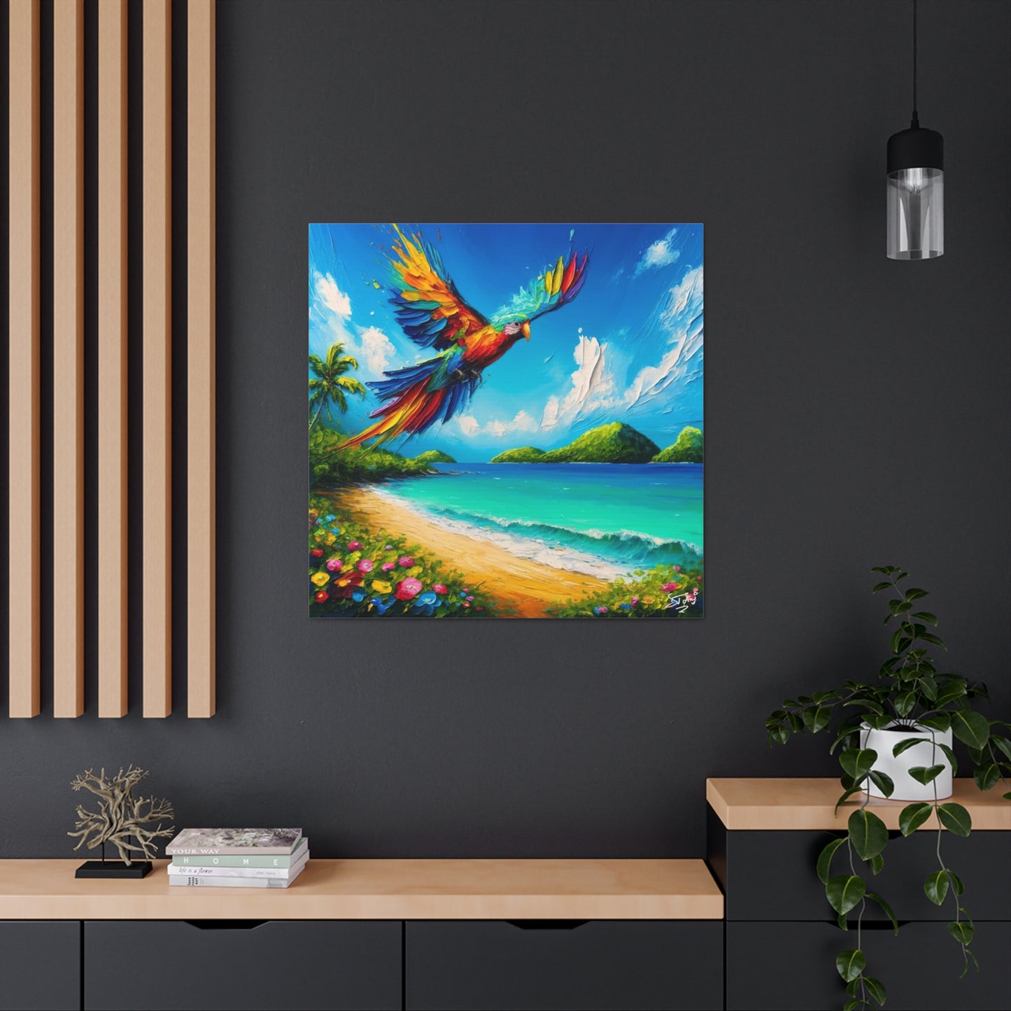 Art Print, "Bird Enjoying View," Oil Finish, Caribbean Nature, Cultural, Heritage, Semi-Abstract, Canvas Gallery Wrap